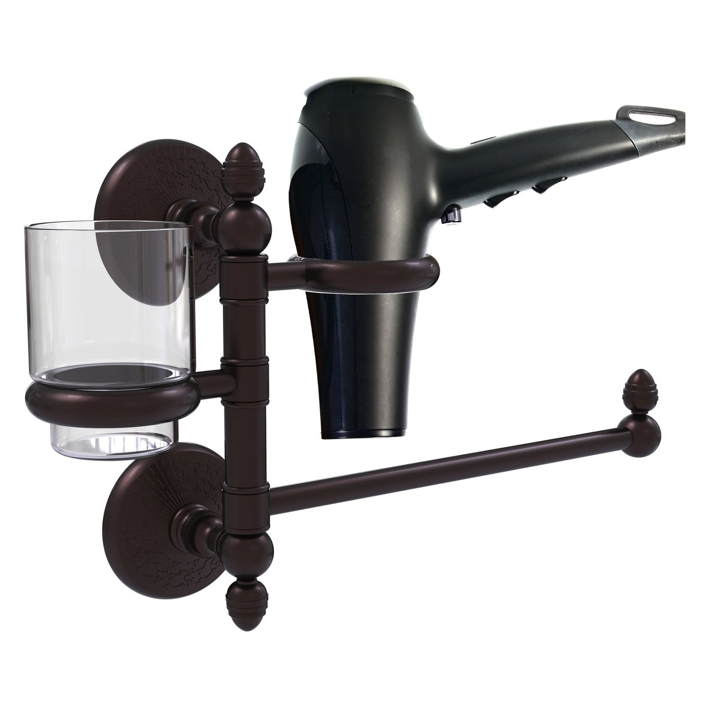 Allied Brass Monte Carlo MC-GTBD-1 15" x 7" Antique Bronze Solid Brass Hair Dryer Holder and Organizer