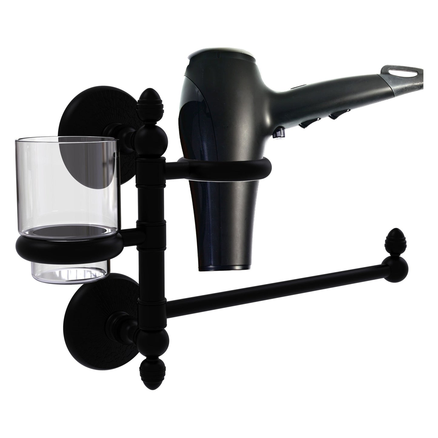 Allied Brass Monte Carlo MC-GTBD-1 15" x 7" Matte Black Solid Brass Hair Dryer Holder and Organizer