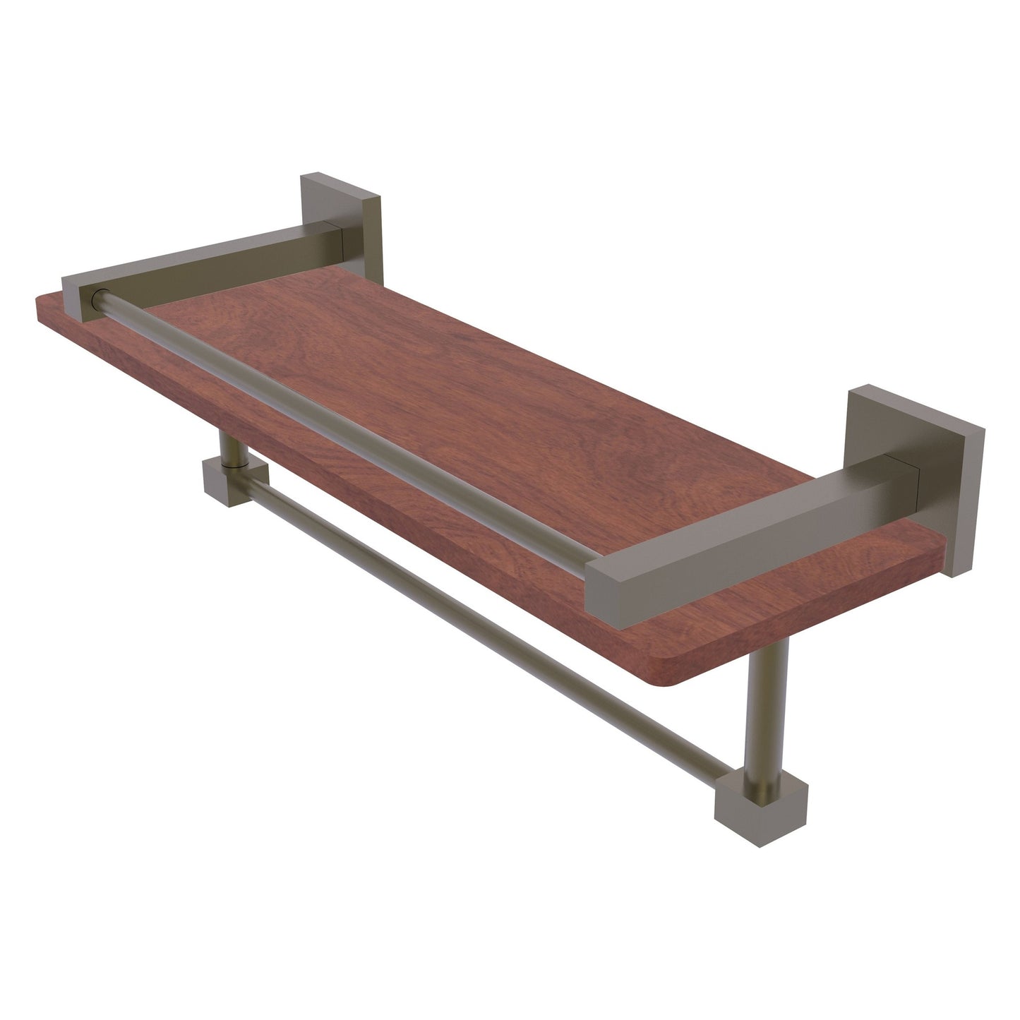 Allied Brass Montero 16" x 5" Antique Brass Solid Brass IPE Ironwood Shelf With Gallery Rail and Towel Bar