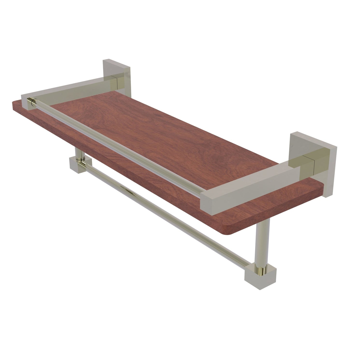 Allied Brass Montero 16" x 5" Polished Nickel Solid Brass IPE Ironwood Shelf With Gallery Rail and Towel Bar
