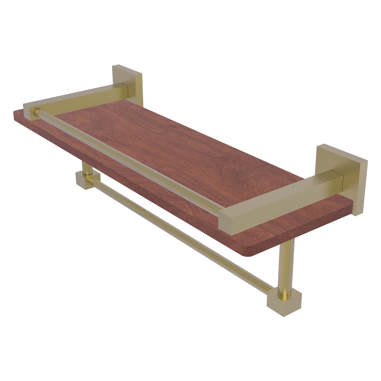 Allied Brass Montero 16" x 5" Satin Brass Solid Brass IPE Ironwood Shelf With Gallery Rail and Towel Bar