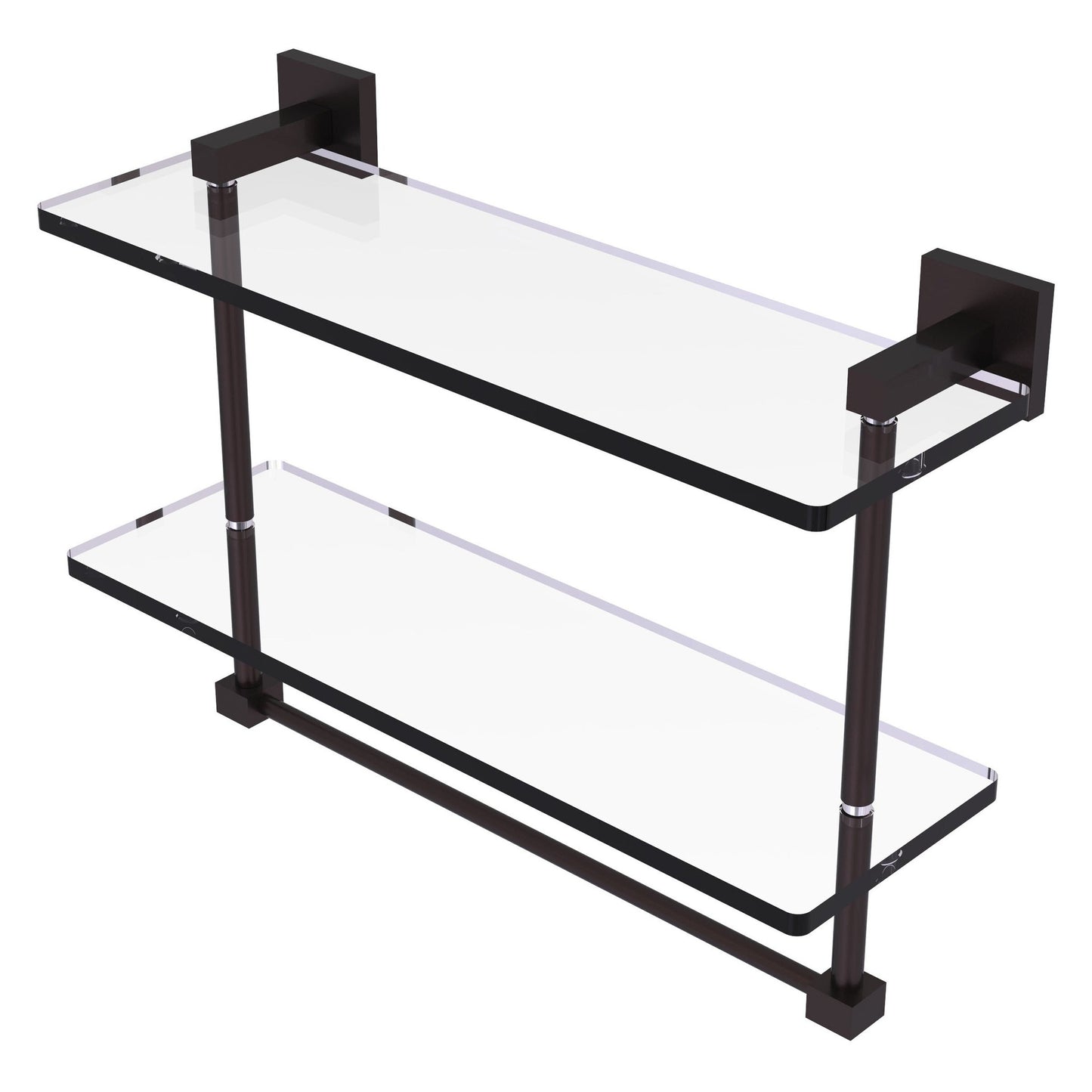 Allied Brass Montero 16" x 5.7" Antique Bronze Solid Brass Two-Tiered Glass Shelf With Integrated Towel Bar
