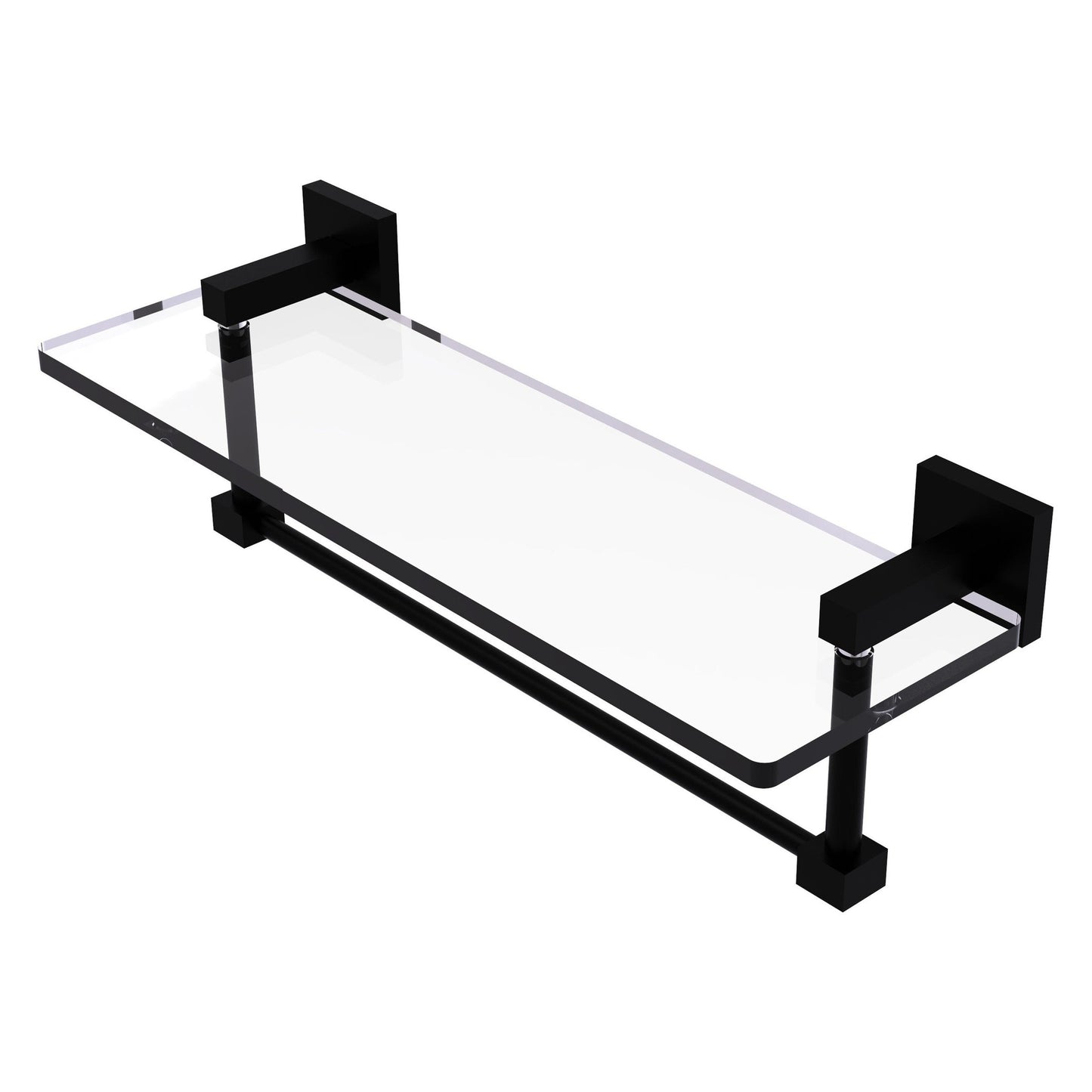 Allied Brass Montero 16" x 5.7" Matte Black Solid Brass Glass Vanity Shelf With Integrated Towel Bar