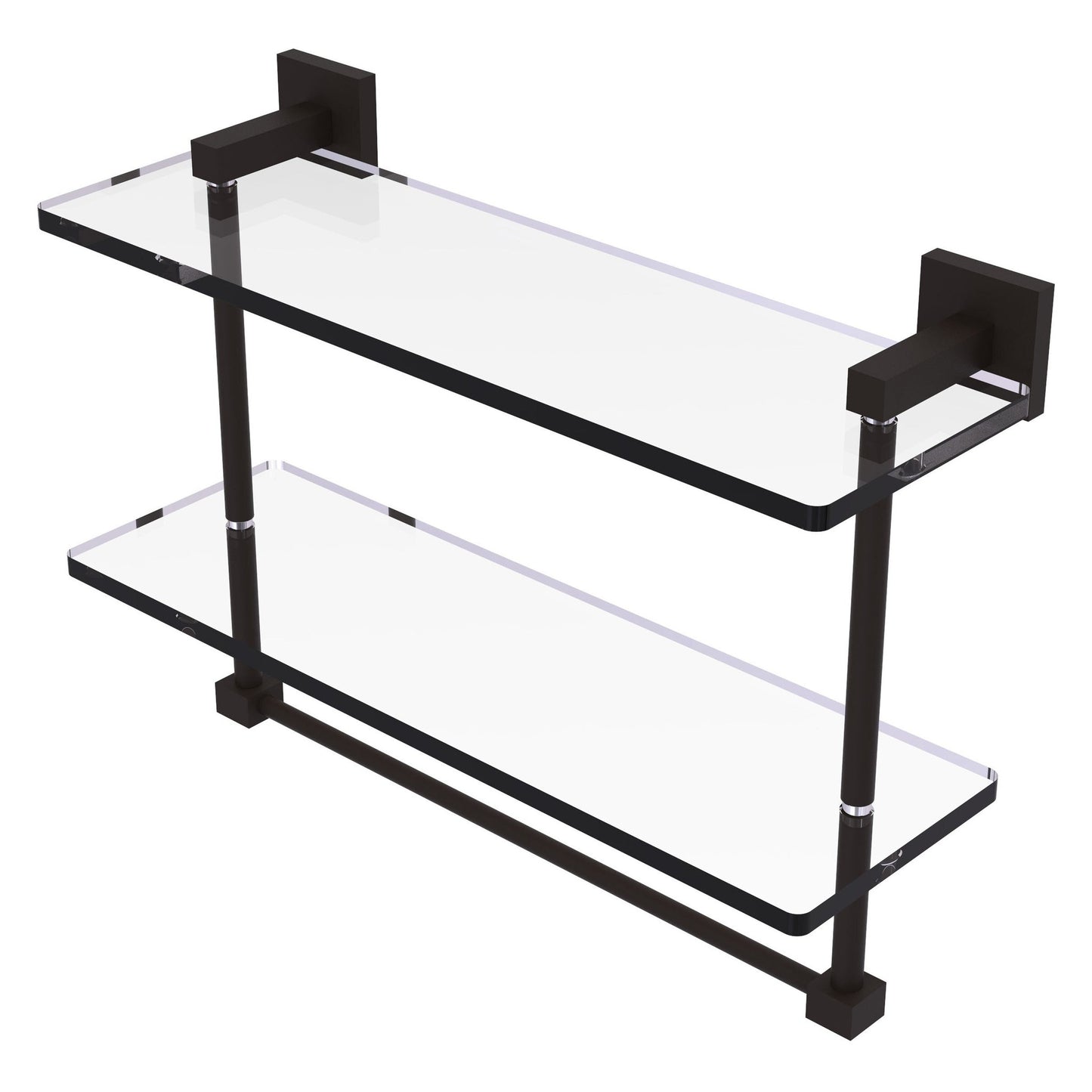 Allied Brass Montero 16" x 5.7" Oil Rubbed Bronze Solid Brass Two-Tiered Glass Shelf With Integrated Towel Bar