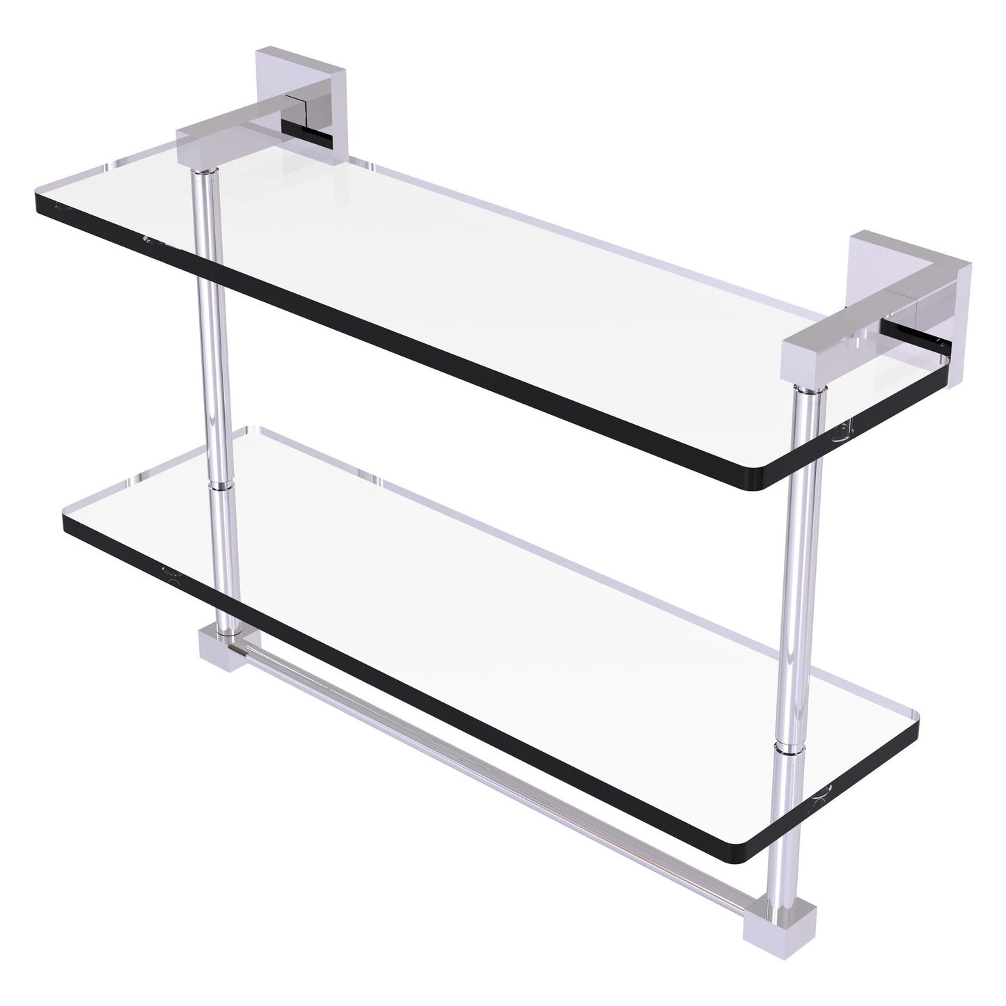Allied Brass Montero 16" x 5.7" Polished Chrome Solid Brass Two-Tiered Glass Shelf With Integrated Towel Bar