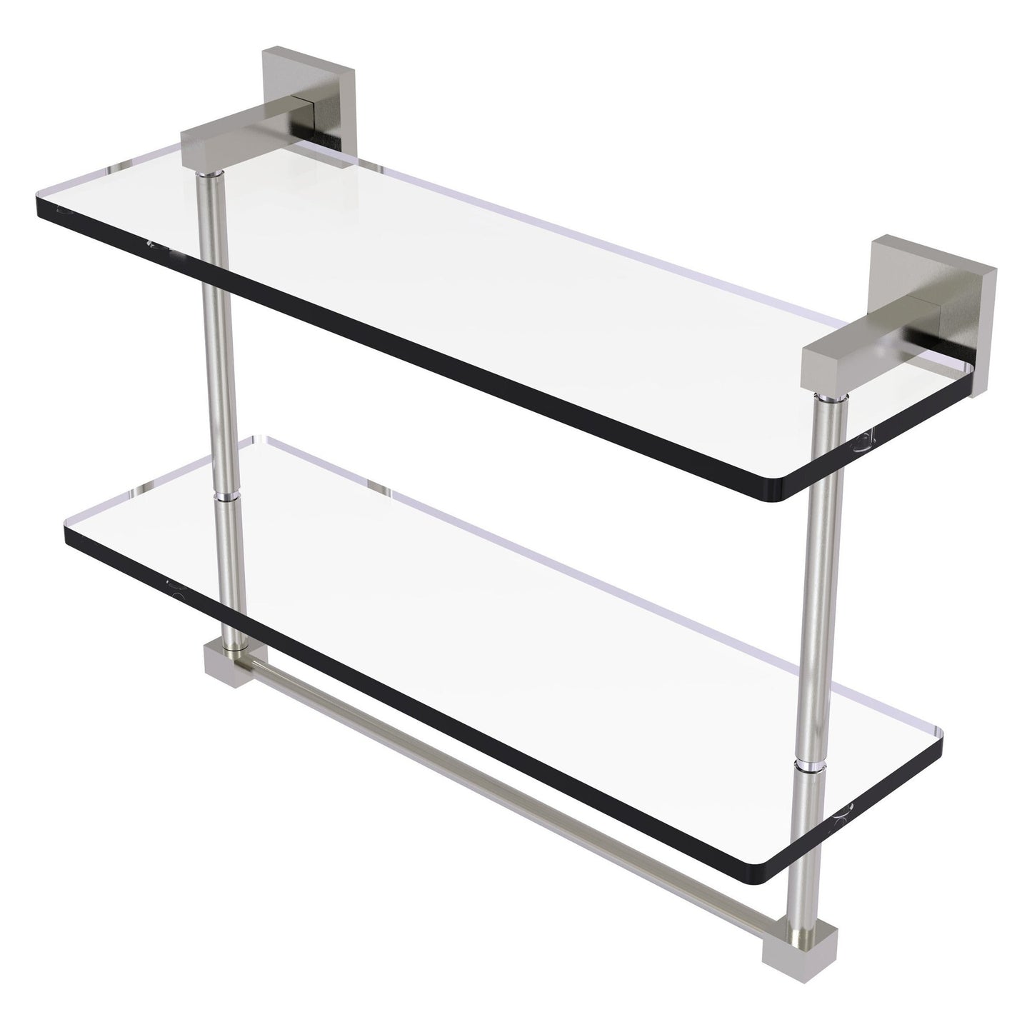 Allied Brass Montero 16" x 5.7" Satin Nickel Solid Brass Two-Tiered Glass Shelf With Integrated Towel Bar