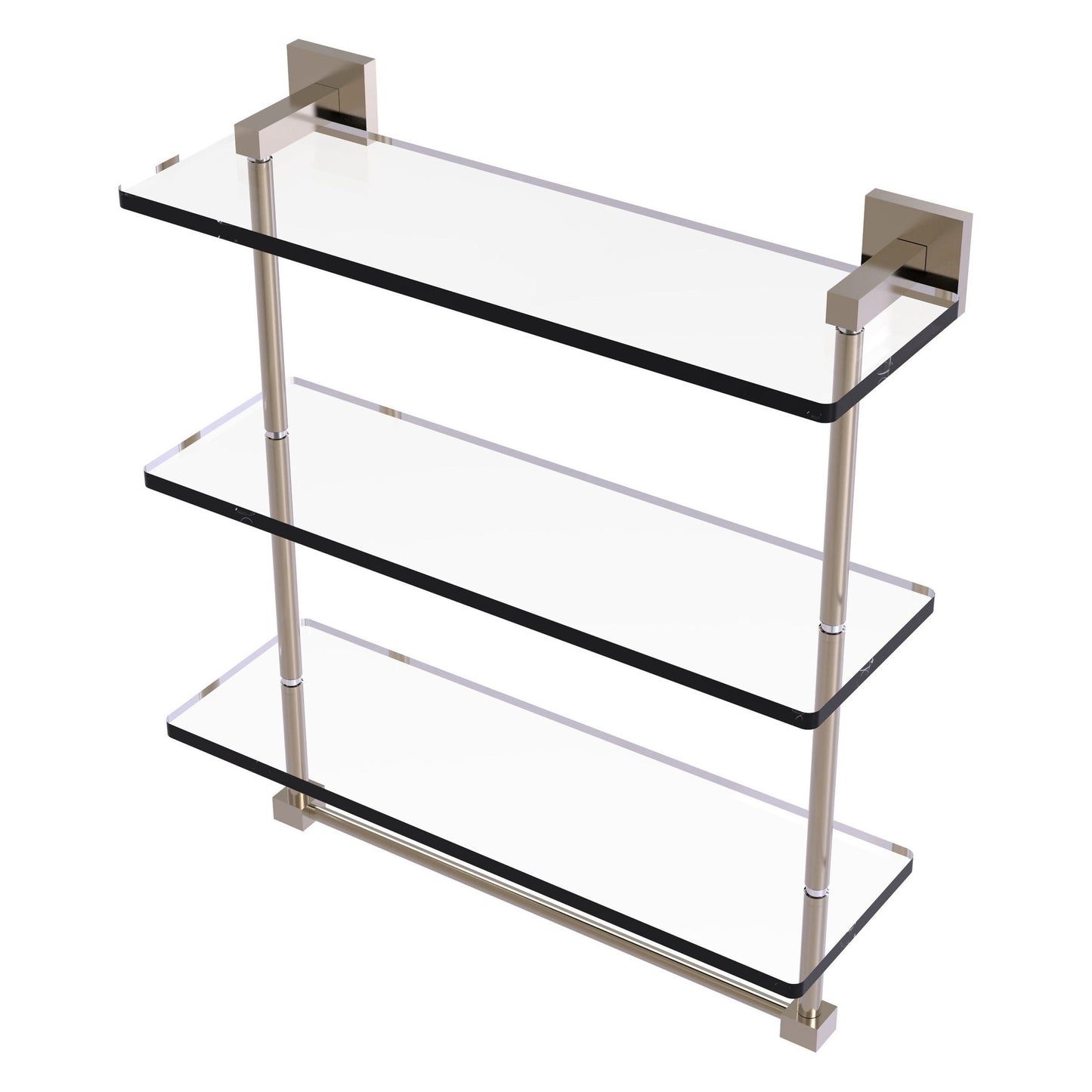 Allied Brass Montero 16" x 6.2" Antique Pewter Solid Brass Triple-Tiered Glass Shelf With Integrated Towel Bar