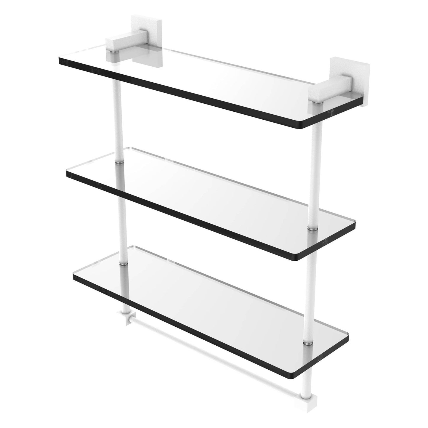 Allied Brass Montero 16" x 6.2" Matte White Solid Brass Triple-Tiered Glass Shelf With Integrated Towel Bar