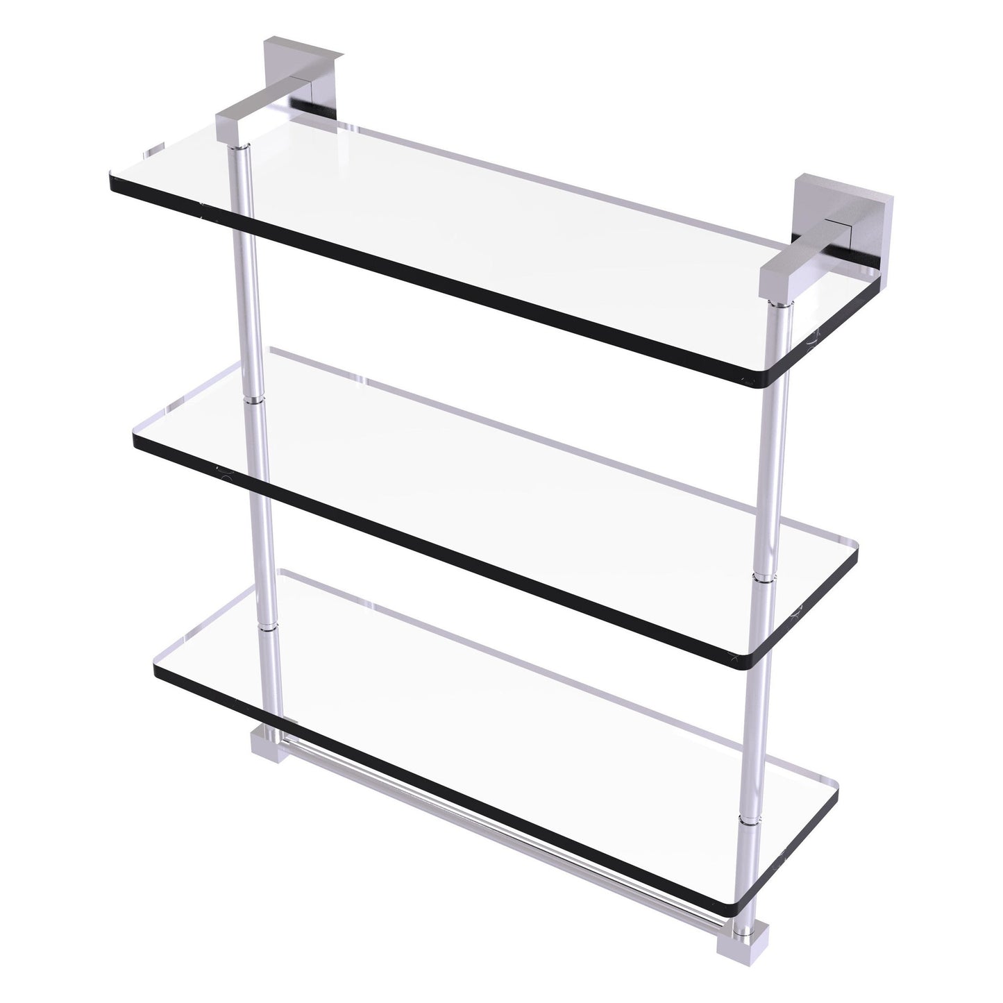 Allied Brass Montero 16" x 6.2" Satin Chrome Solid Brass Triple-Tiered Glass Shelf With Integrated Towel Bar