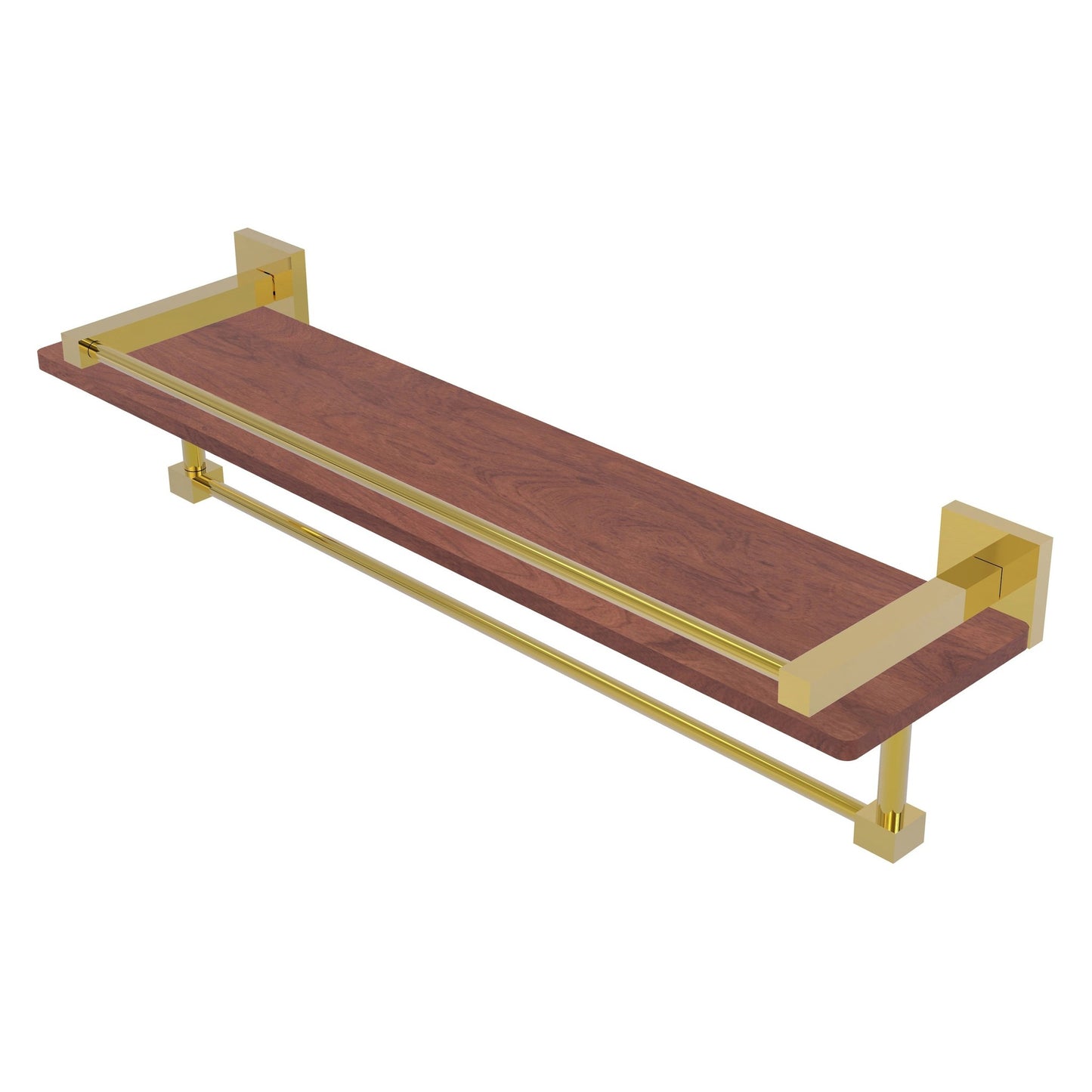 Allied Brass Montero 22" x 5" Polished Brass Solid Brass IPE Ironwood Shelf With Gallery Rail and Towel Bar