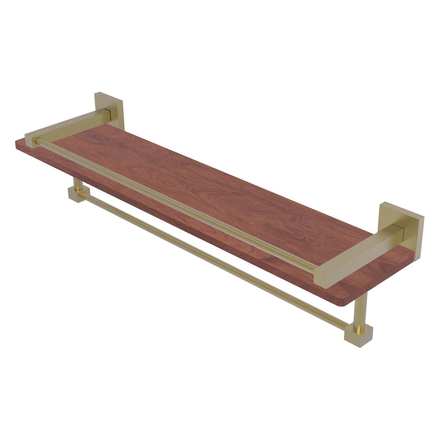 Allied Brass Montero 22" x 5" Satin Brass Solid Brass IPE Ironwood Shelf With Gallery Rail and Towel Bar