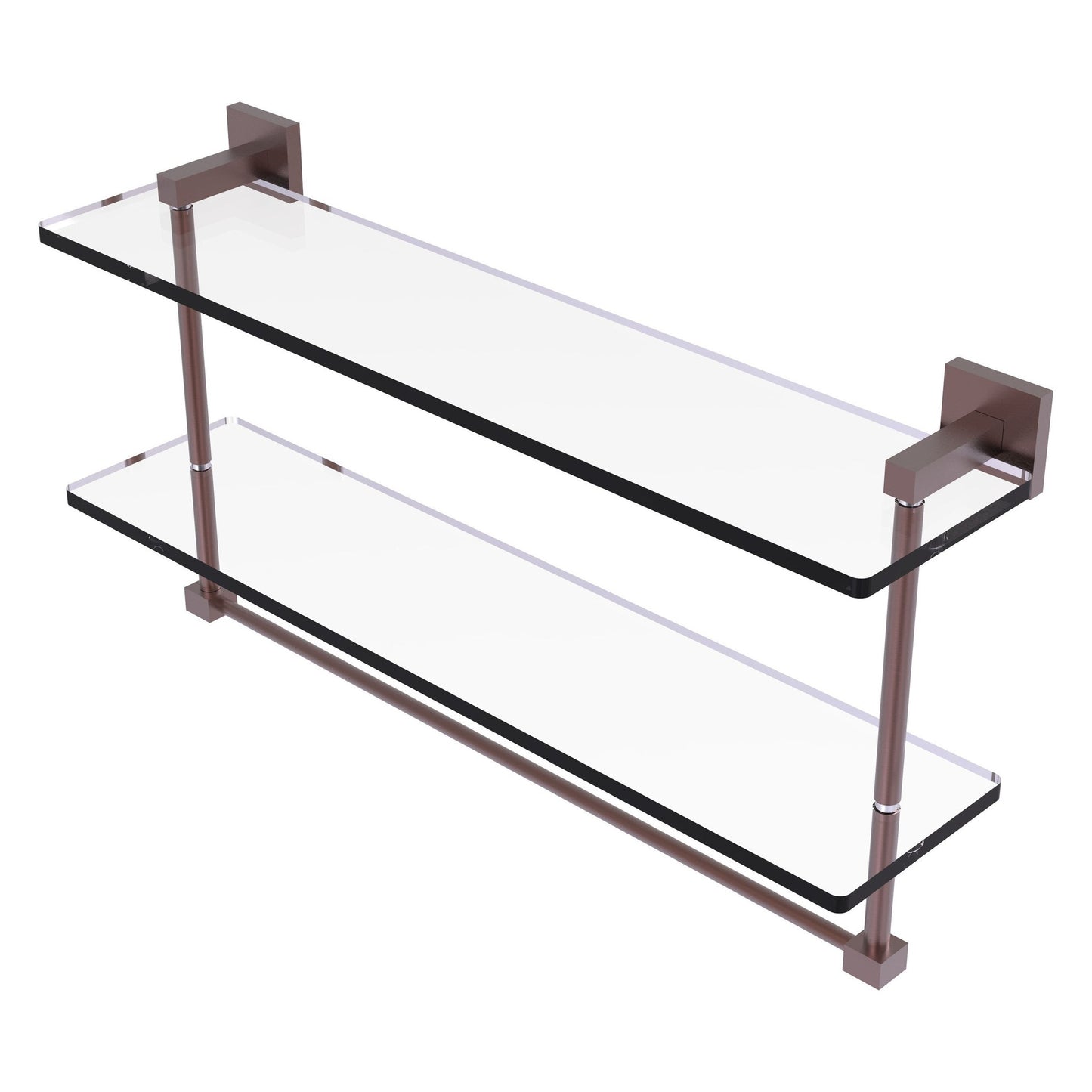 Allied Brass Montero 22" x 5.7" Antique Copper Solid Brass Two-Tiered Glass Shelf With Integrated Towel Bar