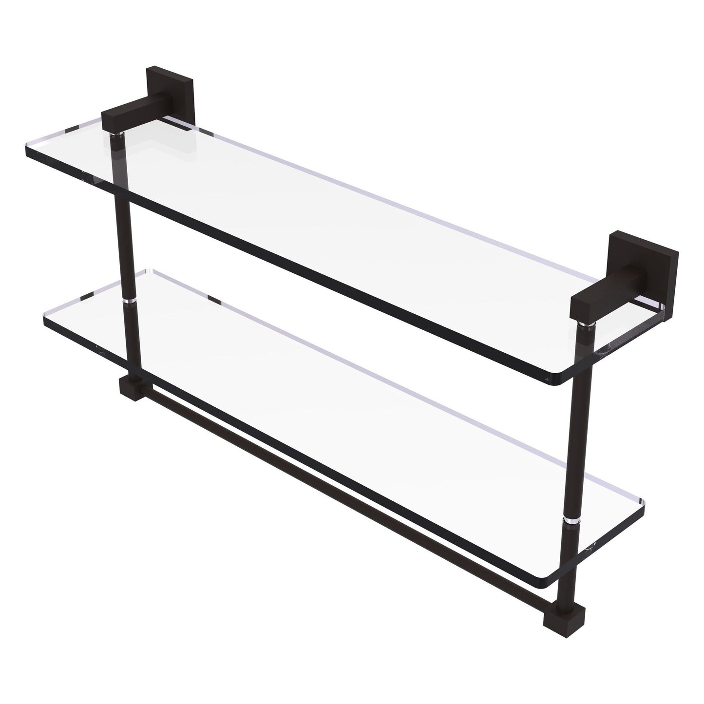 Allied Brass Montero 22" x 5.7" Oil Rubbed Bronze Solid Brass Two-Tiered Glass Shelf With Integrated Towel Bar
