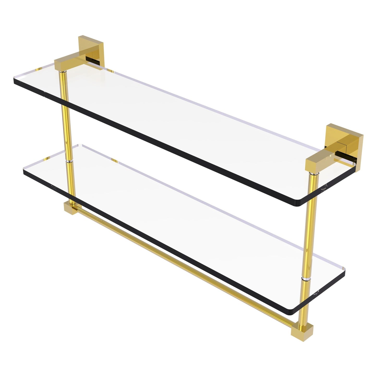 Allied Brass Montero 22" x 5.7" Polished Brass Solid Brass Two-Tiered Glass Shelf With Integrated Towel Bar