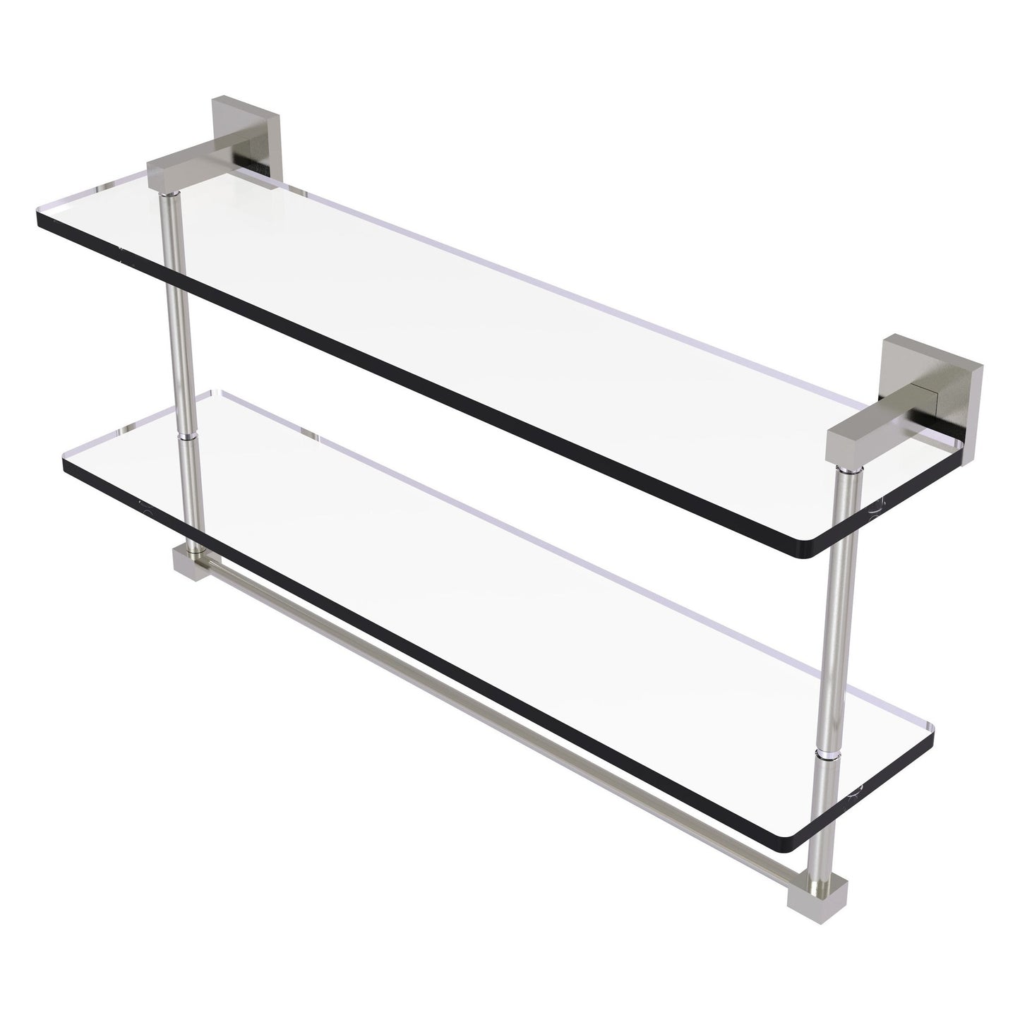 Allied Brass Montero 22" x 5.7" Satin Nickel Solid Brass Two-Tiered Glass Shelf With Integrated Towel Bar