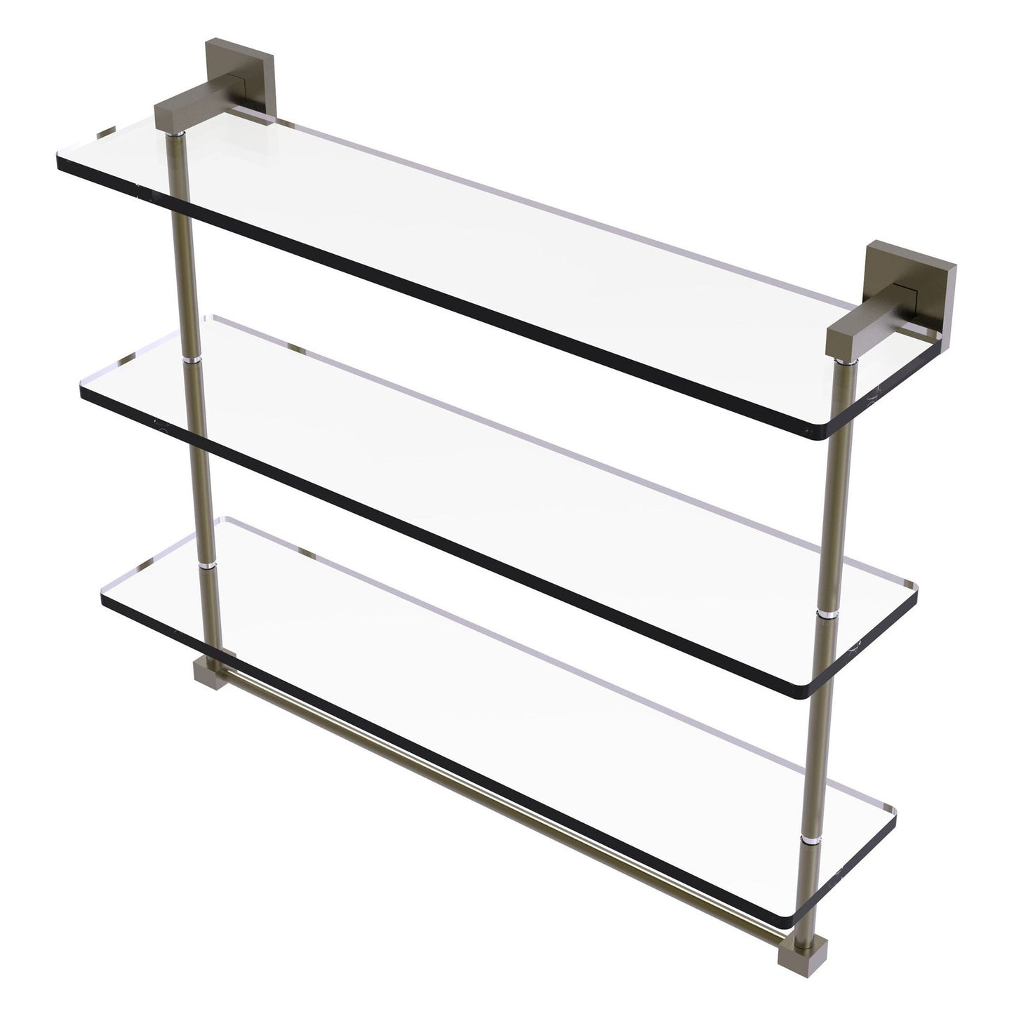 Allied Brass Montero 22" x 6.2" Antique Brass Solid Brass Triple-Tiered Glass Shelf With Integrated Towel Bar