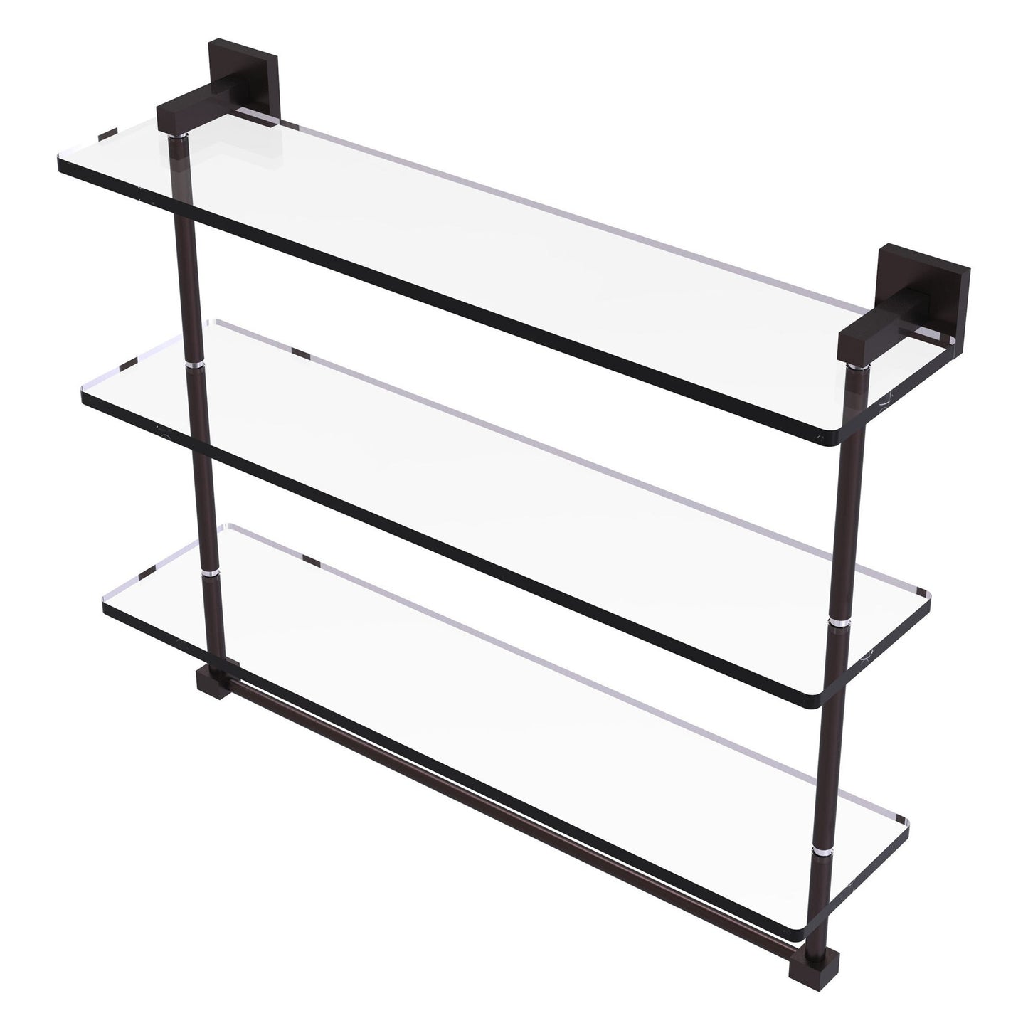Allied Brass Montero 22" x 6.2" Antique Bronze Solid Brass Triple-Tiered Glass Shelf With Integrated Towel Bar