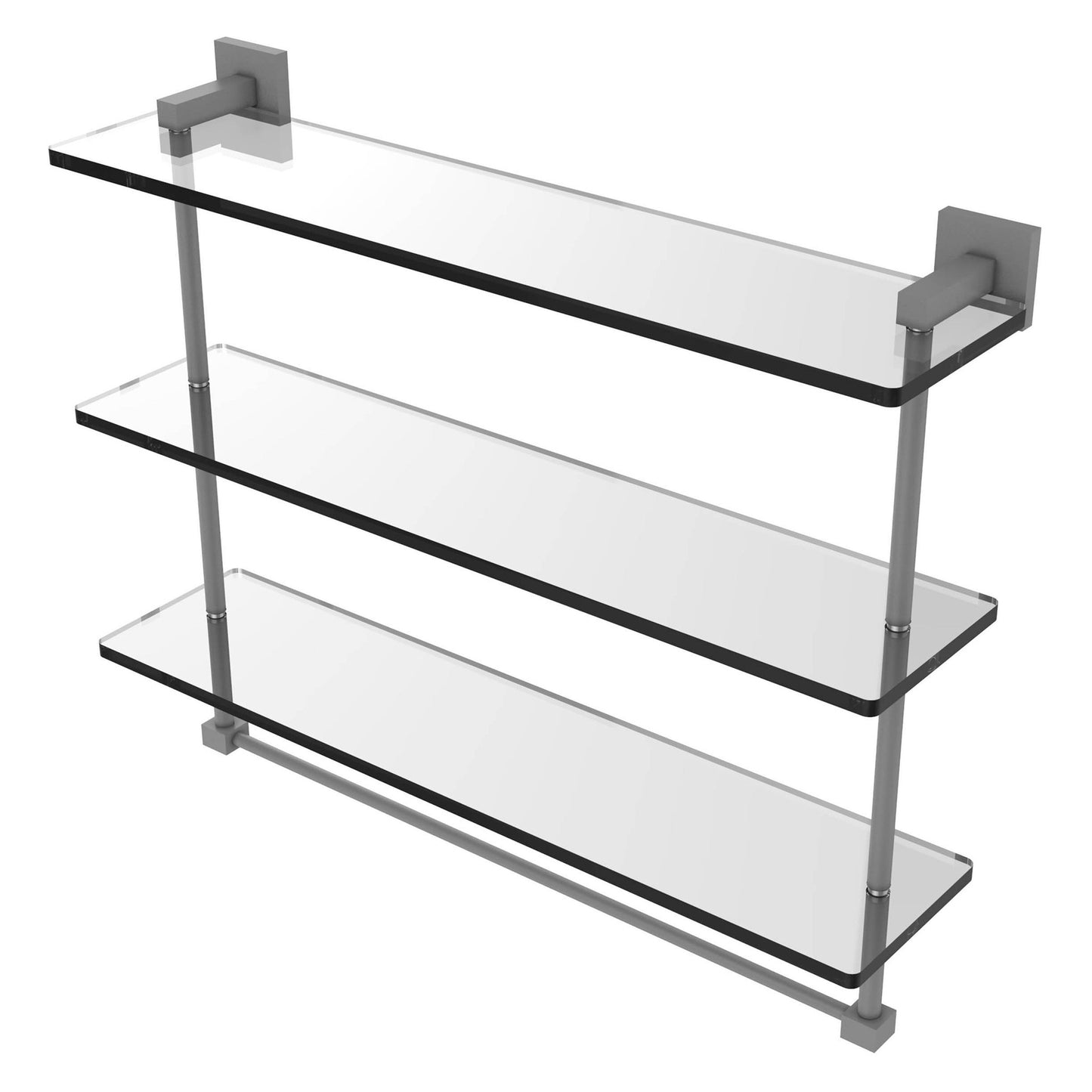 Allied Brass Montero 22" x 6.2" Matte Gray Solid Brass Triple-Tiered Glass Shelf With Integrated Towel Bar