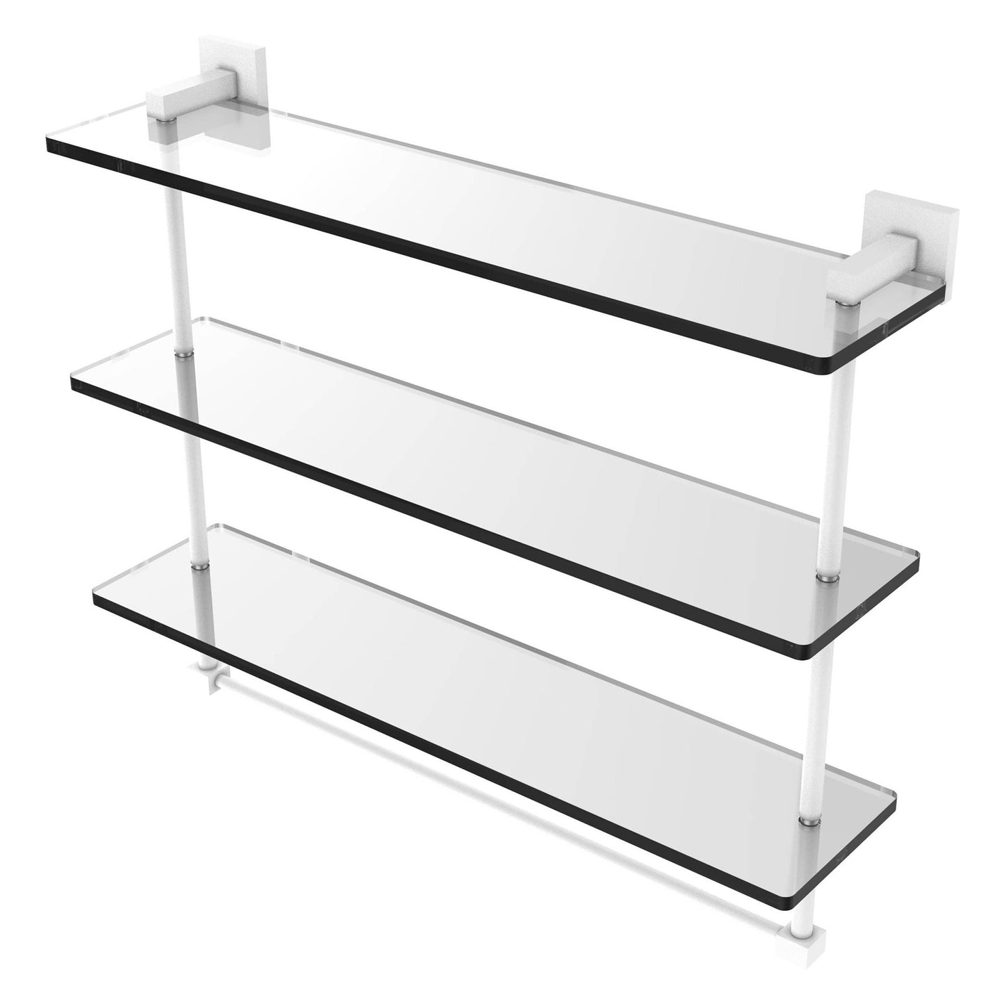 Allied Brass Montero 22" x 6.2" Matte White Solid Brass Triple-Tiered Glass Shelf With Integrated Towel Bar