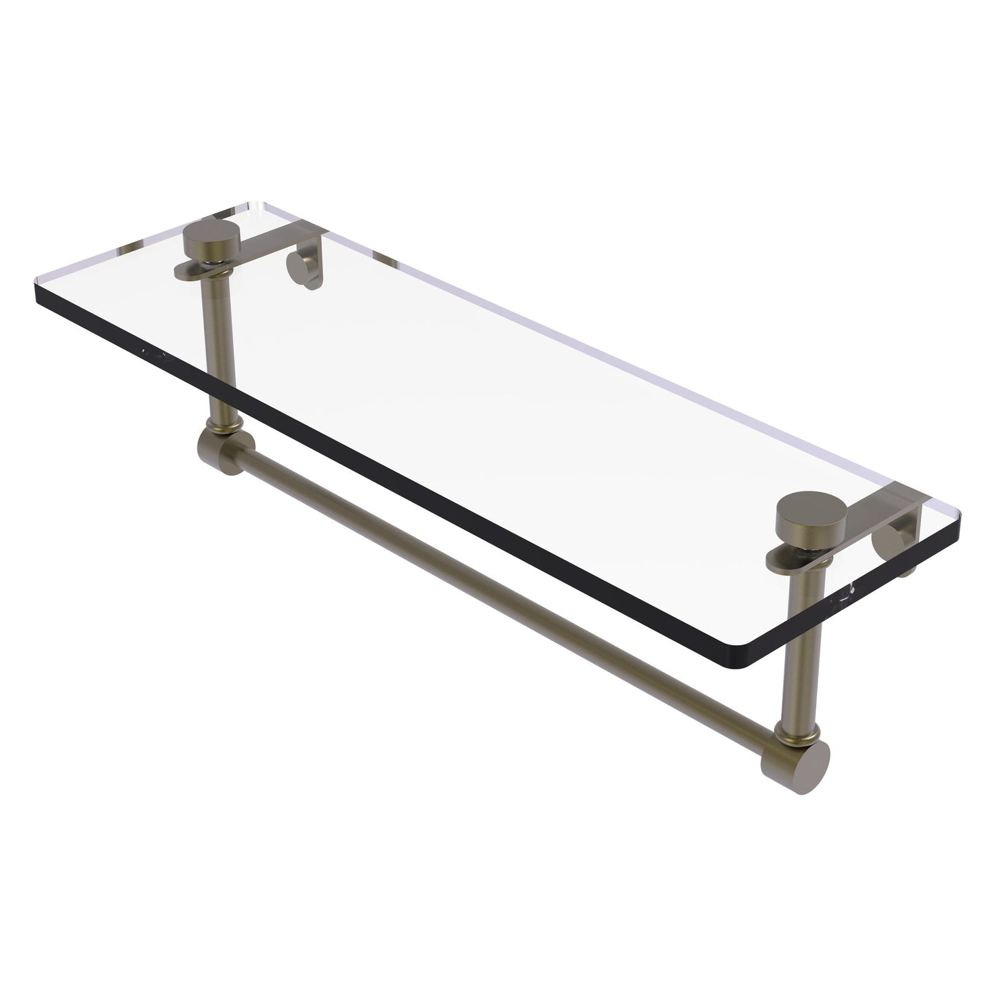 Allied Brass NS-1/16TB 16" x 5" Antique Brass Solid Brass Glass Vanity Shelf With Integrated Towel Bar