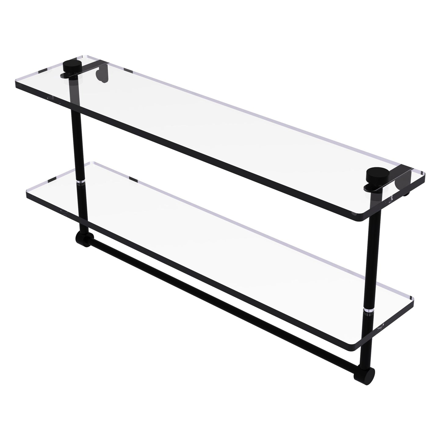 Allied Brass NS-2/22TB 22" x 5" Matte Black Solid Brass Two-Tiered Glass Shelf With Integrated Towel Bar