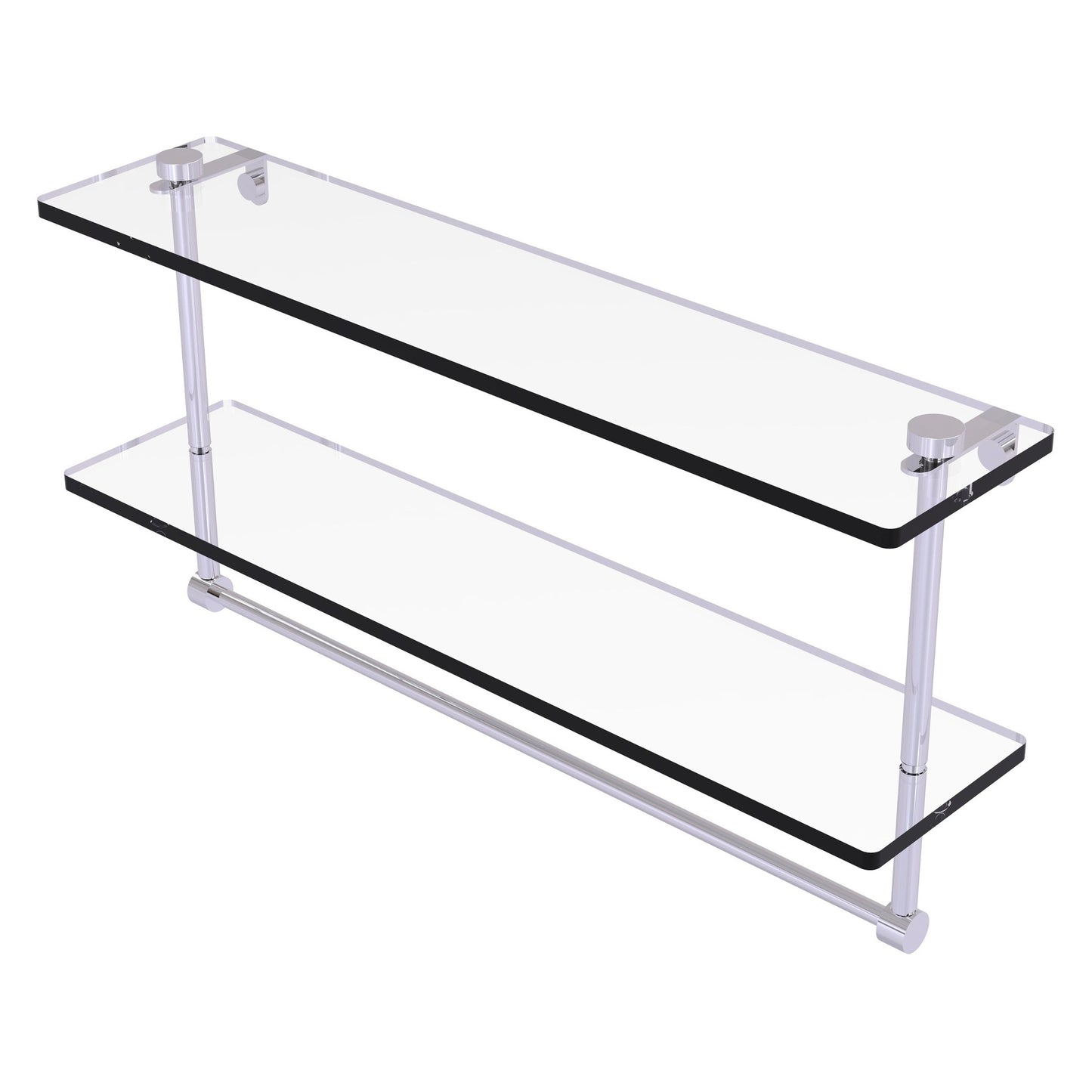 Allied Brass NS-2/22TB 22" x 5" Polished Chrome Solid Brass Two-Tiered Glass Shelf With Integrated Towel Bar