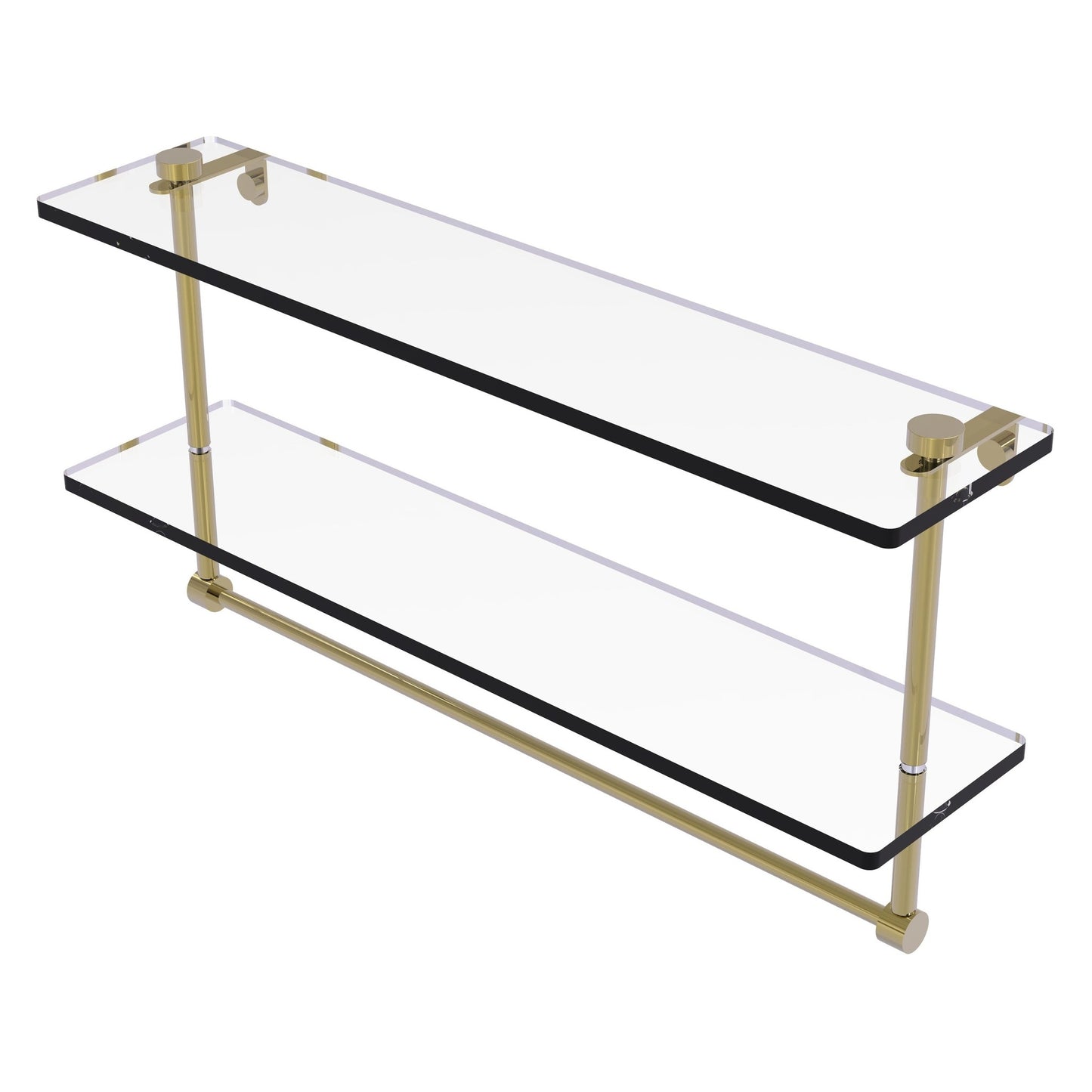 Allied Brass NS-2/22TB 22" x 5" Unlacquered Brass Solid Brass Two-Tiered Glass Shelf With Integrated Towel Bar