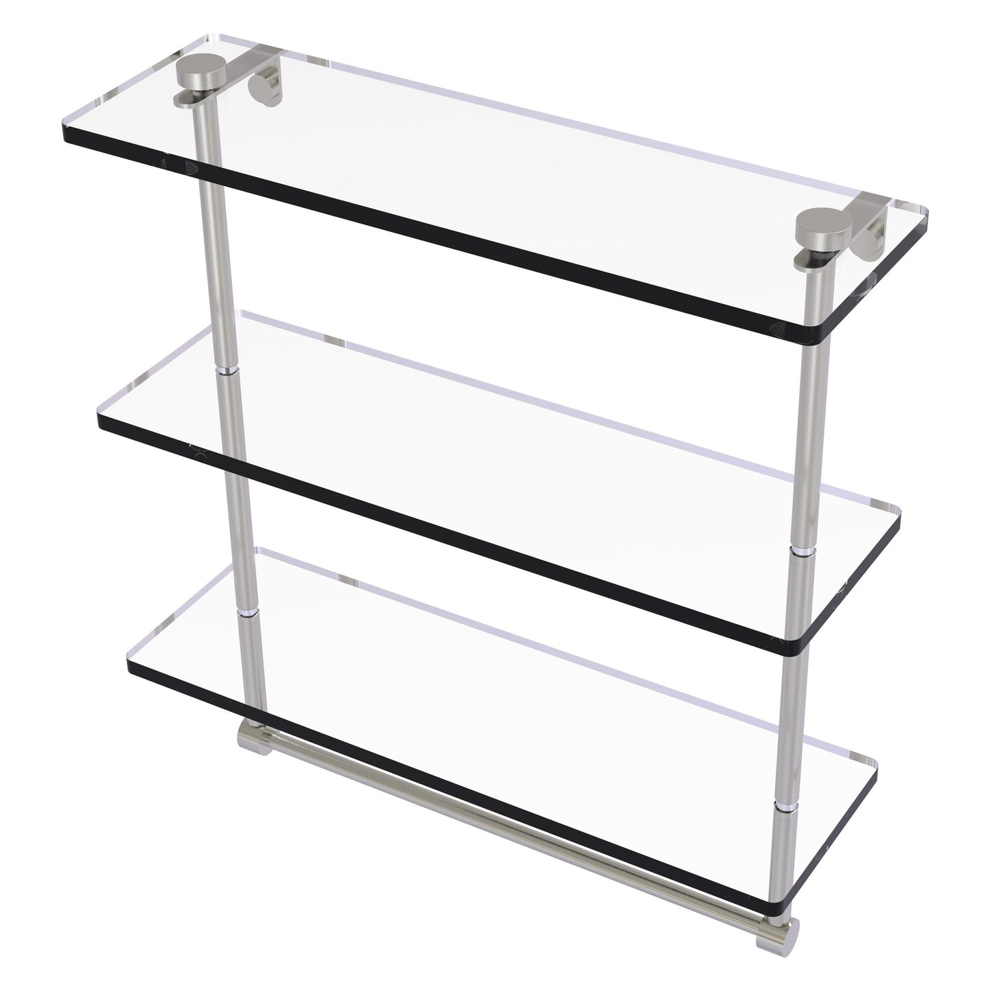 Allied Brass NS-5/16TB 16" x 5" Satin Nickel Solid Brass Triple-Tiered Glass Shelf With Integrated Towel Bar