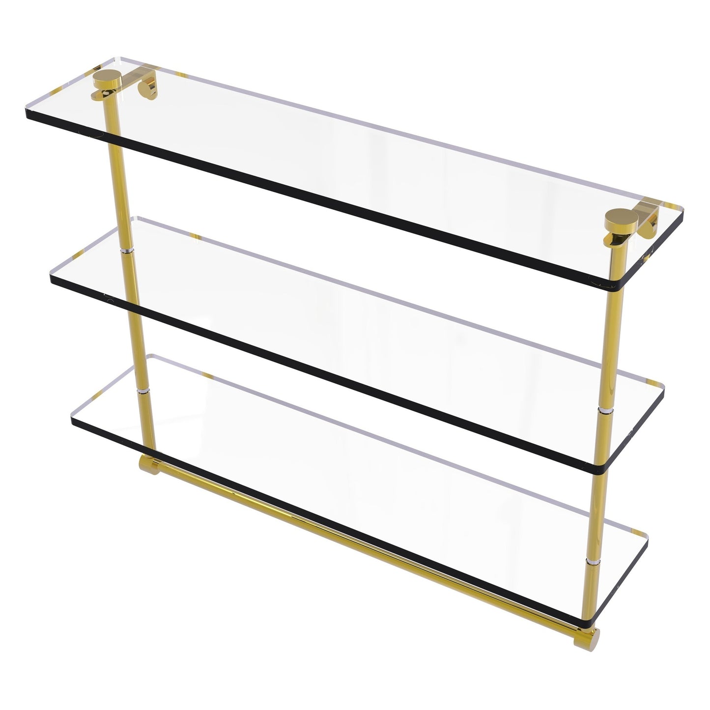 Allied Brass NS-5/22TB 22" x 5" Polished Brass Solid Brass Triple-Tiered Glass Shelf With Integrated Towel Bar