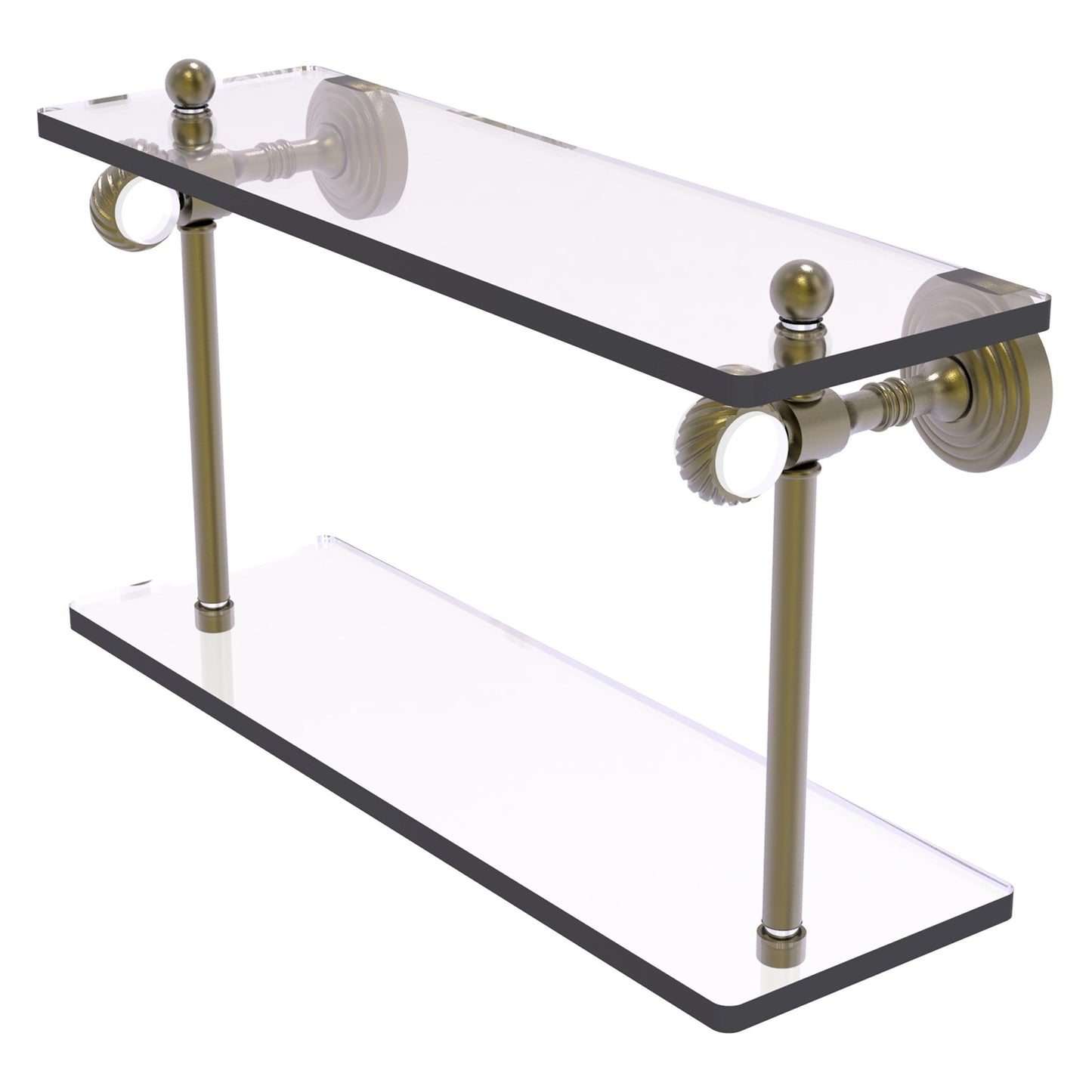 Allied Brass Pacific Grove 16" x 5.125" Antique Brass Solid Brass Two-Tiered Glass Shelf With Twisted Accents