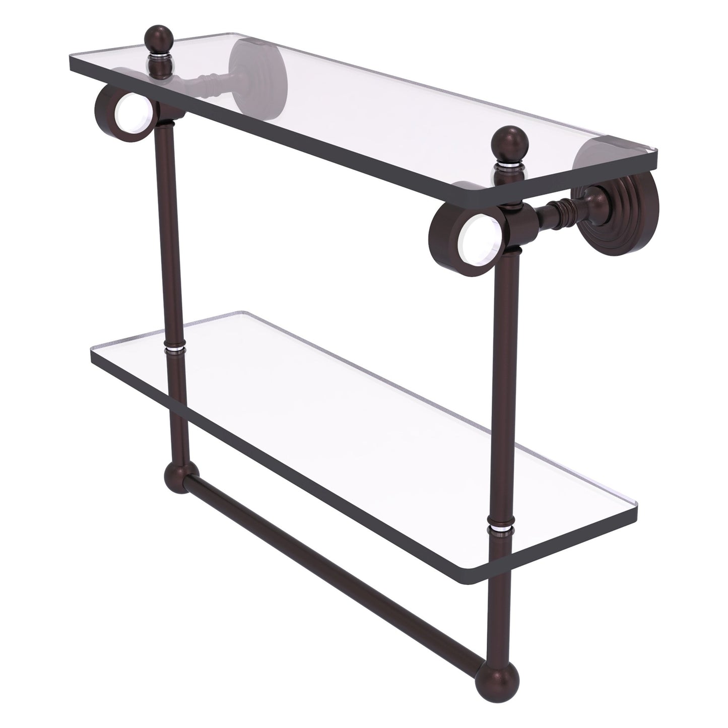 Allied Brass Pacific Grove 16" x 5.125" Antique Bronze Solid Brass Double Glass Shelf With Towel Bar