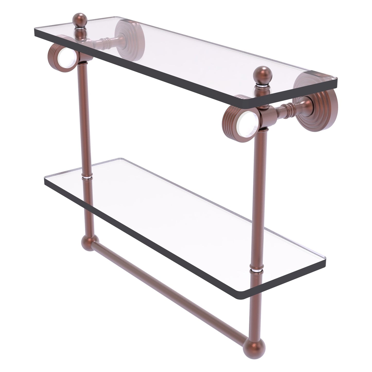 Allied Brass Pacific Grove 16" x 5.125" Antique Copper Solid Brass Double Glass Shelf With Towel Bar and Grooved Accents