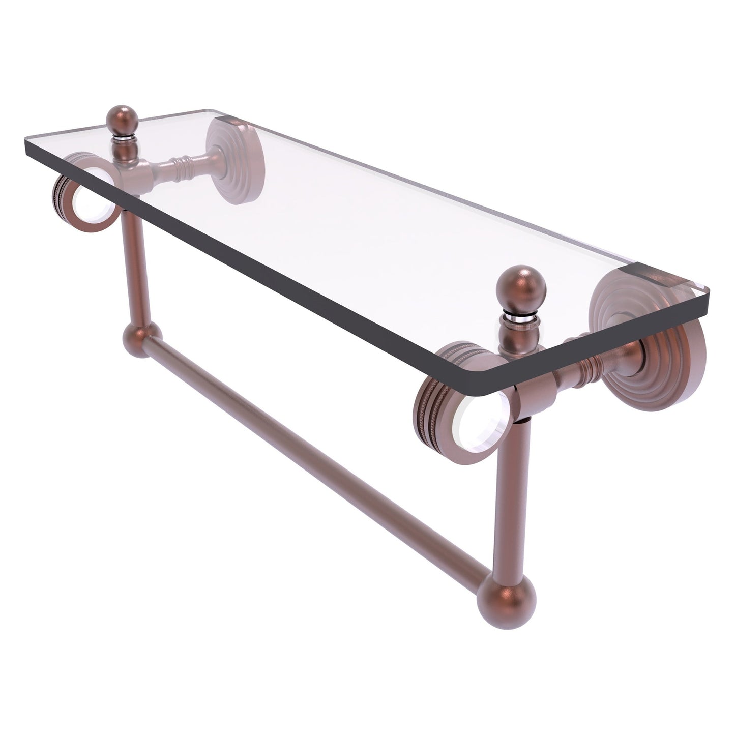 Allied Brass Pacific Grove 16" x 5.125" Antique Copper Solid Brass Glass Shelf With Towel Bar and Dotted Accents