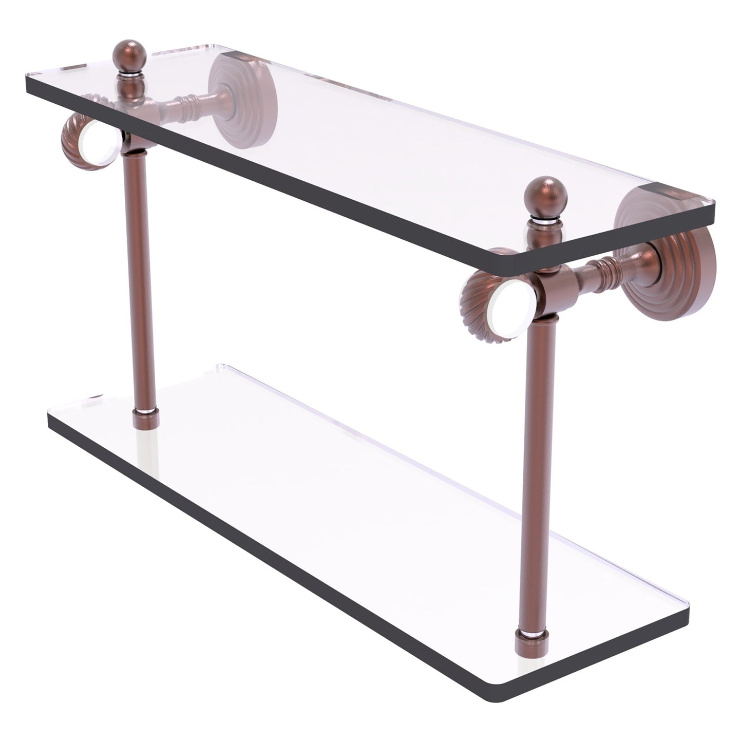 Allied Brass Pacific Grove 16" x 5.125" Antique Copper Solid Brass Two-Tiered Glass Shelf With Twisted Accents