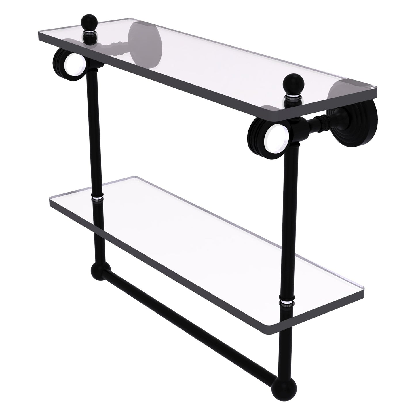 Allied Brass Pacific Grove 16" x 5.125" Matte Black Solid Brass Double Glass Shelf With Towel Bar and Dotted Accents