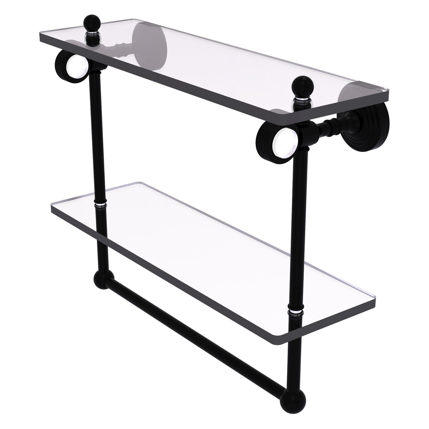 Allied Brass Pacific Grove 16" x 5.125" Matte Black Solid Brass Double Glass Shelf With Towel Bar and Grooved Accents