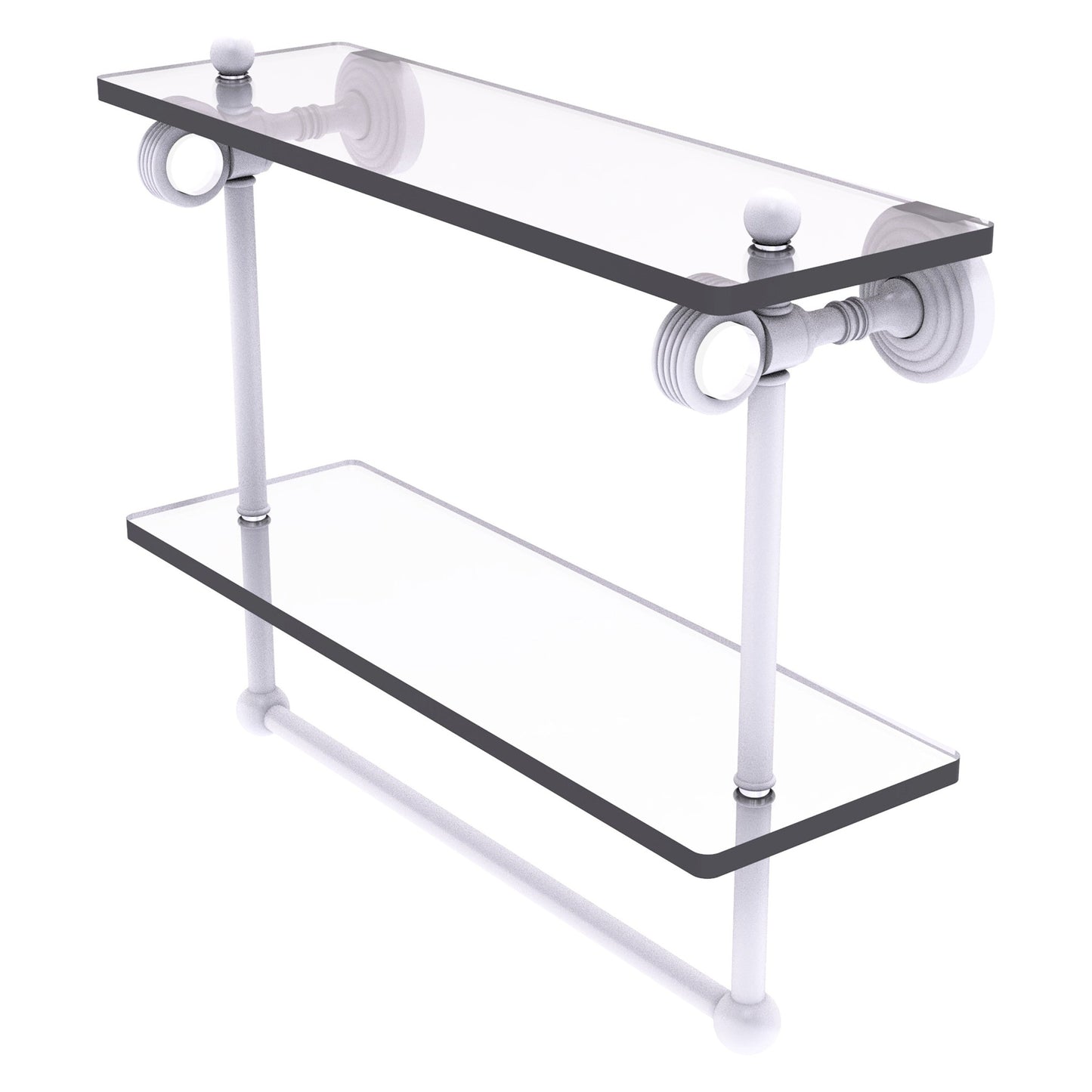 Allied Brass Pacific Grove 16" x 5.125" Matte White Solid Brass Double Glass Shelf With Towel Bar and Grooved Accents