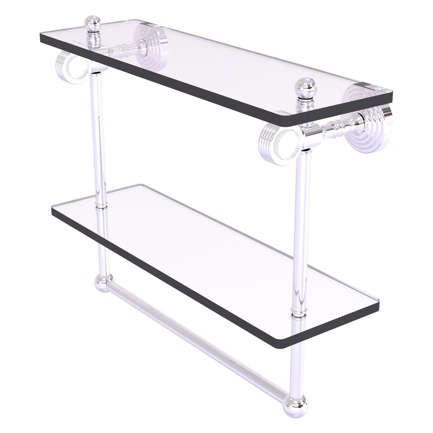 Allied Brass Pacific Grove 16" x 5.125" Polished Chrome Solid Brass Double Glass Shelf With Towel Bar and Grooved Accents