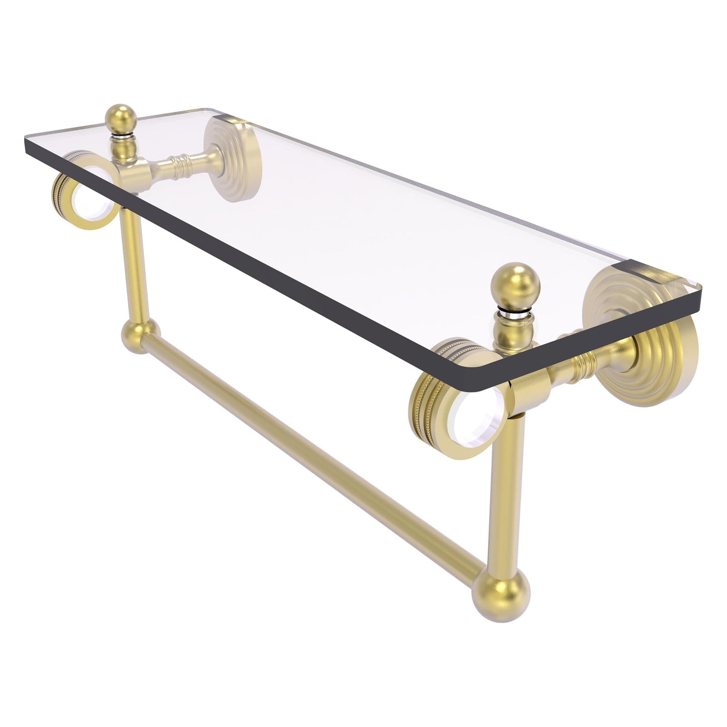 Allied Brass Pacific Grove 16" x 5.125" Satin Brass Solid Brass Glass Shelf With Towel Bar and Dotted Accents