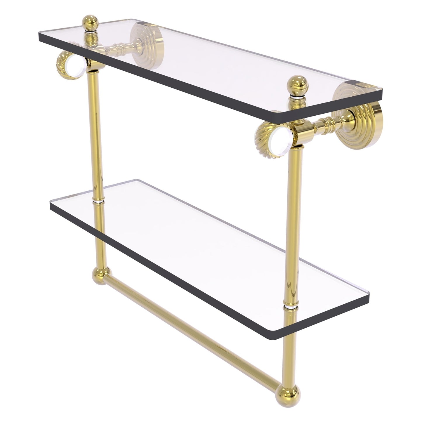 Allied Brass Pacific Grove 16" x 5.125" Unlacquered Brass Solid Brass Double Glass Shelf With Towel Bar and Twisted Accents
