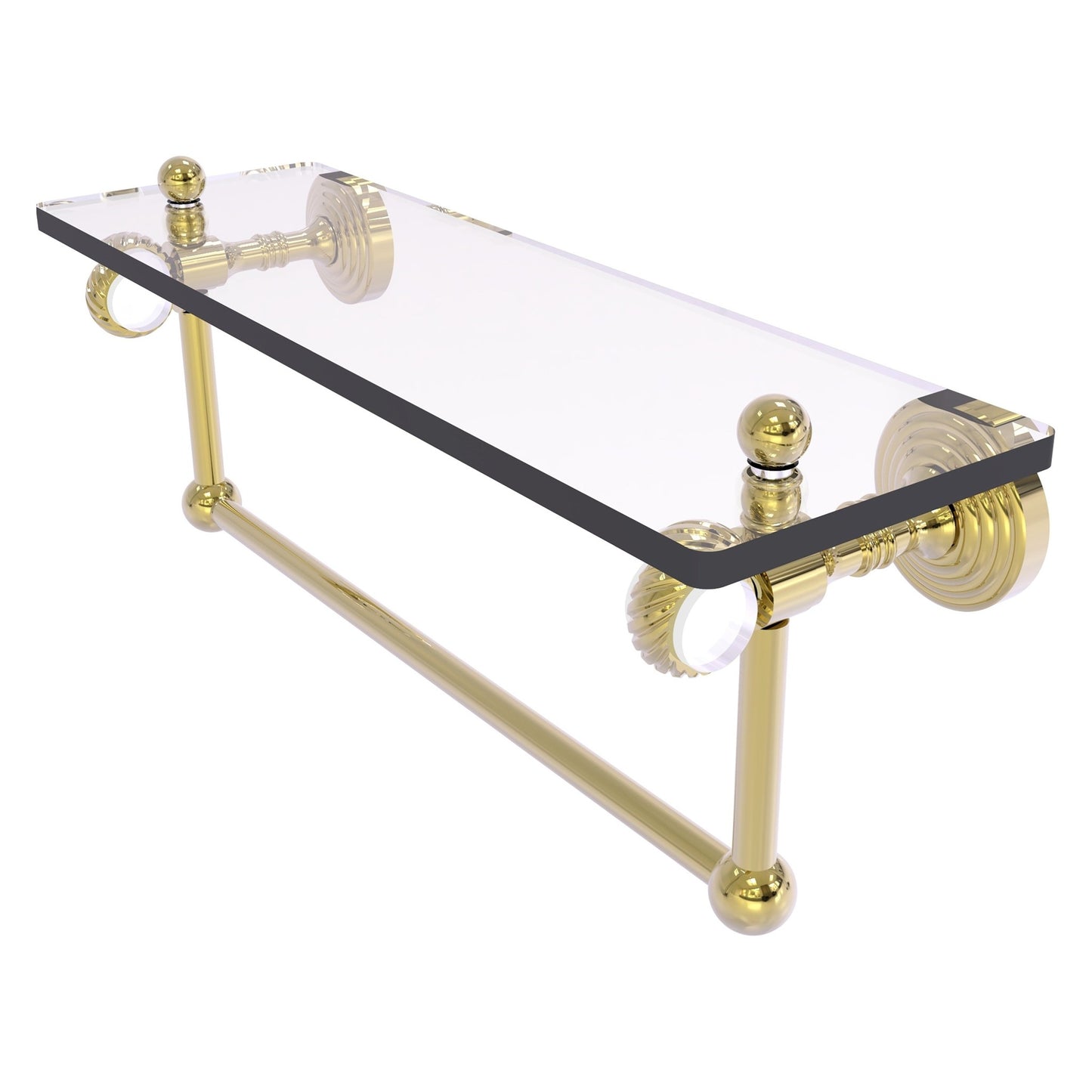 Allied Brass Pacific Grove 16" x 5.125" Unlacquered Brass Solid Brass Glass Shelf With Towel Bar and Twisted Accents