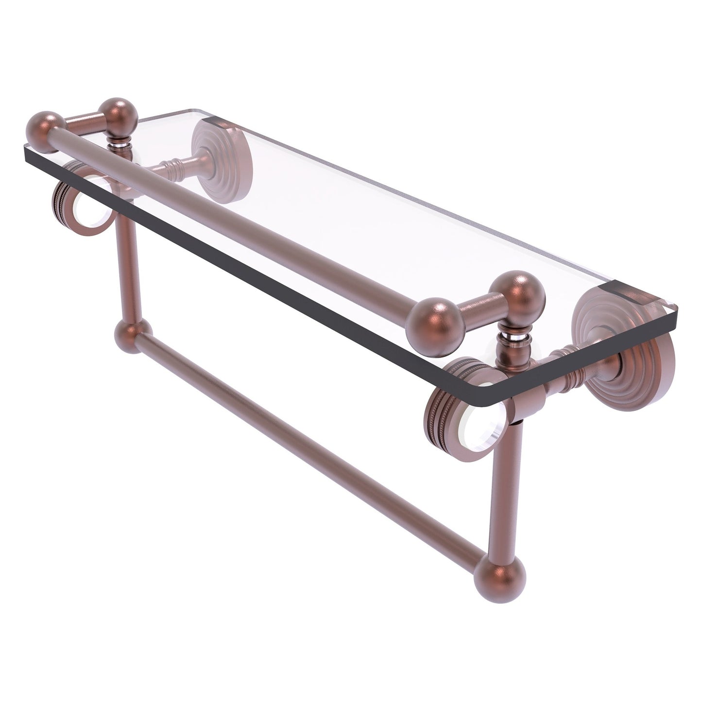 Allied Brass Pacific Grove 16" x 5.5" Antique Copper Solid Brass Gallery Glass Shelf With Towel Bar and Dotted Accents