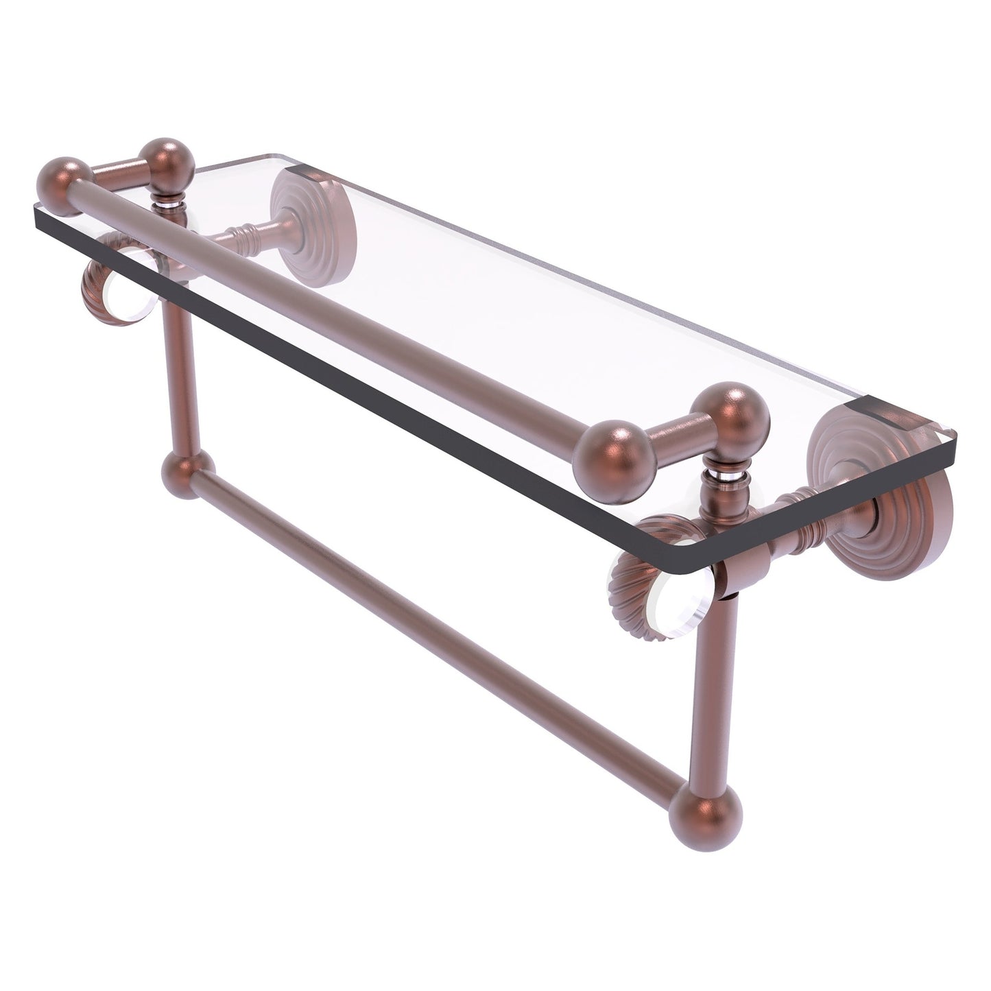 Allied Brass Pacific Grove 16" x 5.5" Antique Copper Solid Brass Gallery Glass Shelf With Towel Bar and Twisted Accents