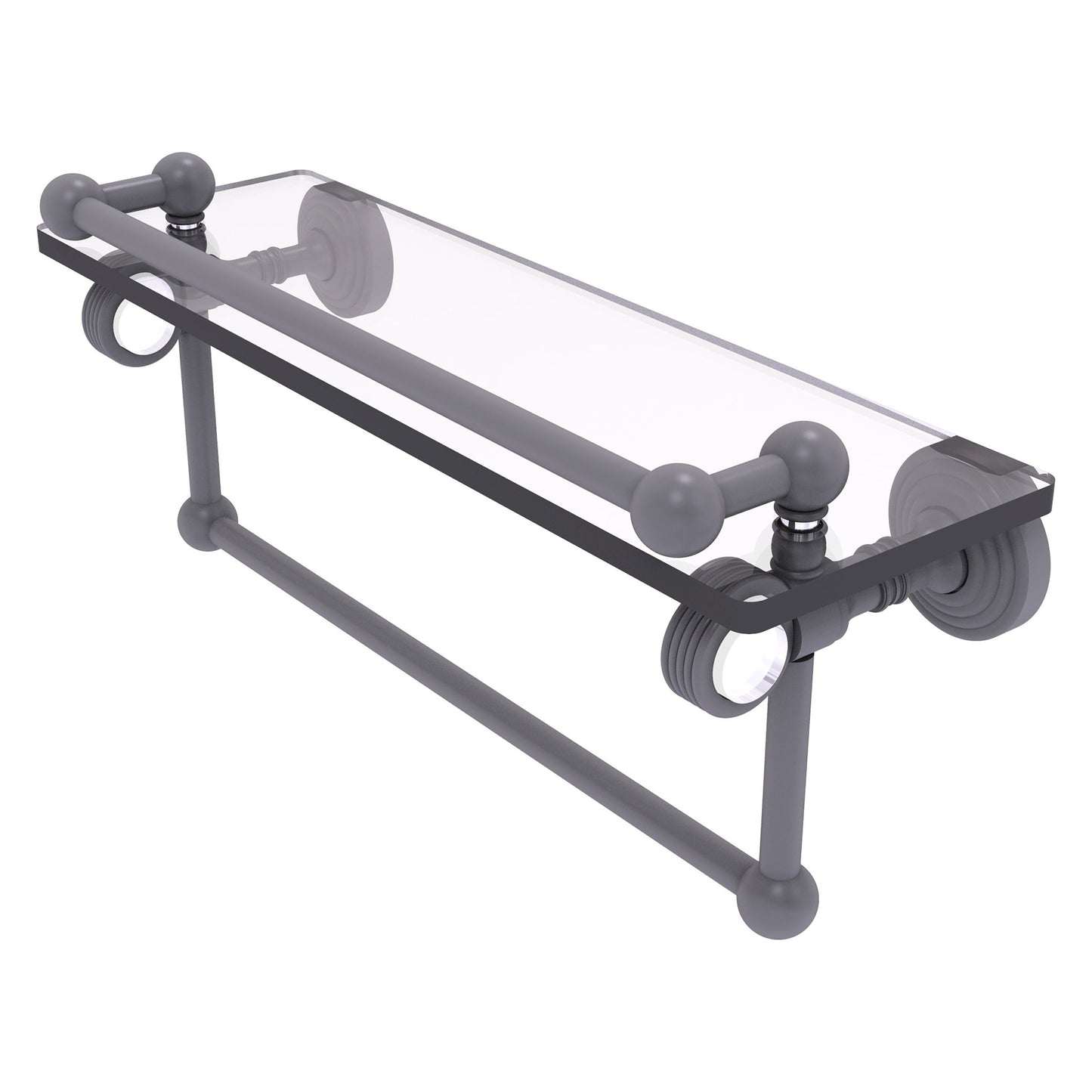Allied Brass Pacific Grove 16" x 5.5" Matte Gray Solid Brass Gallery Glass Shelf With Towel Bar and Grooved Accents