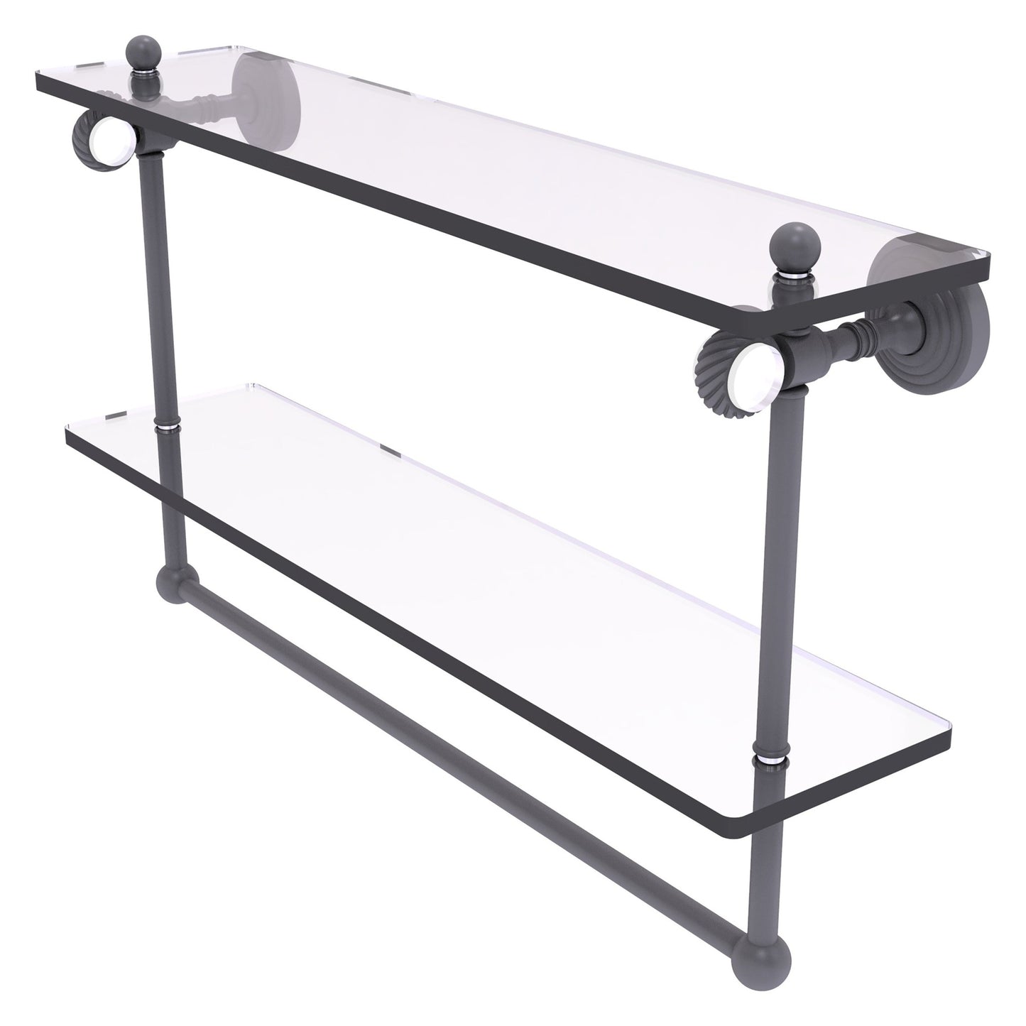 Allied Brass Pacific Grove 22" x 5.125" Matte Gray Solid Brass Double Glass Shelf With Towel Bar and Twisted Accents