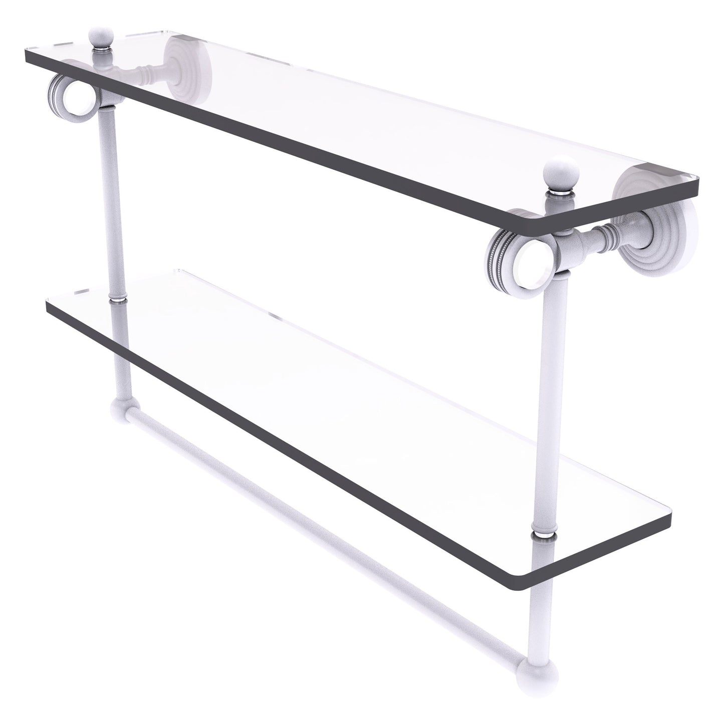 Allied Brass Pacific Grove 22" x 5.125" Matte White Solid Brass Double Glass Shelf With Towel Bar and Dotted Accents