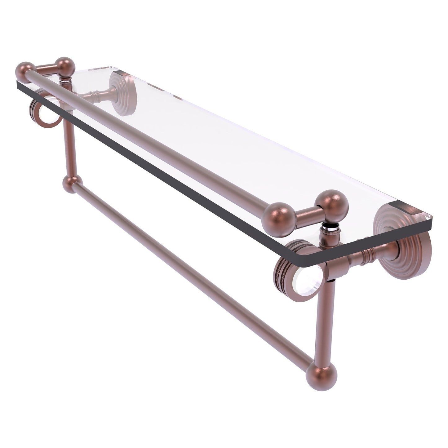 Allied Brass Pacific Grove 22" x 5.5" Antique Copper Solid Brass Gallery Glass Shelf With Towel Bar and Dotted Accents