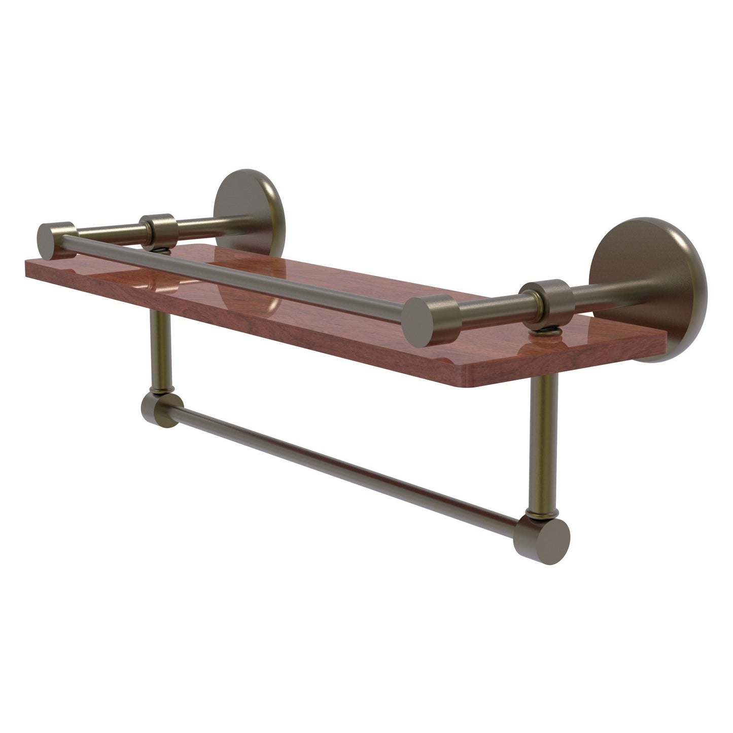 Allied Brass Prestige Skyline 16" x 5" Antique Brass Solid Brass IPE Ironwood Shelf With Gallery Rail and Towel Bar