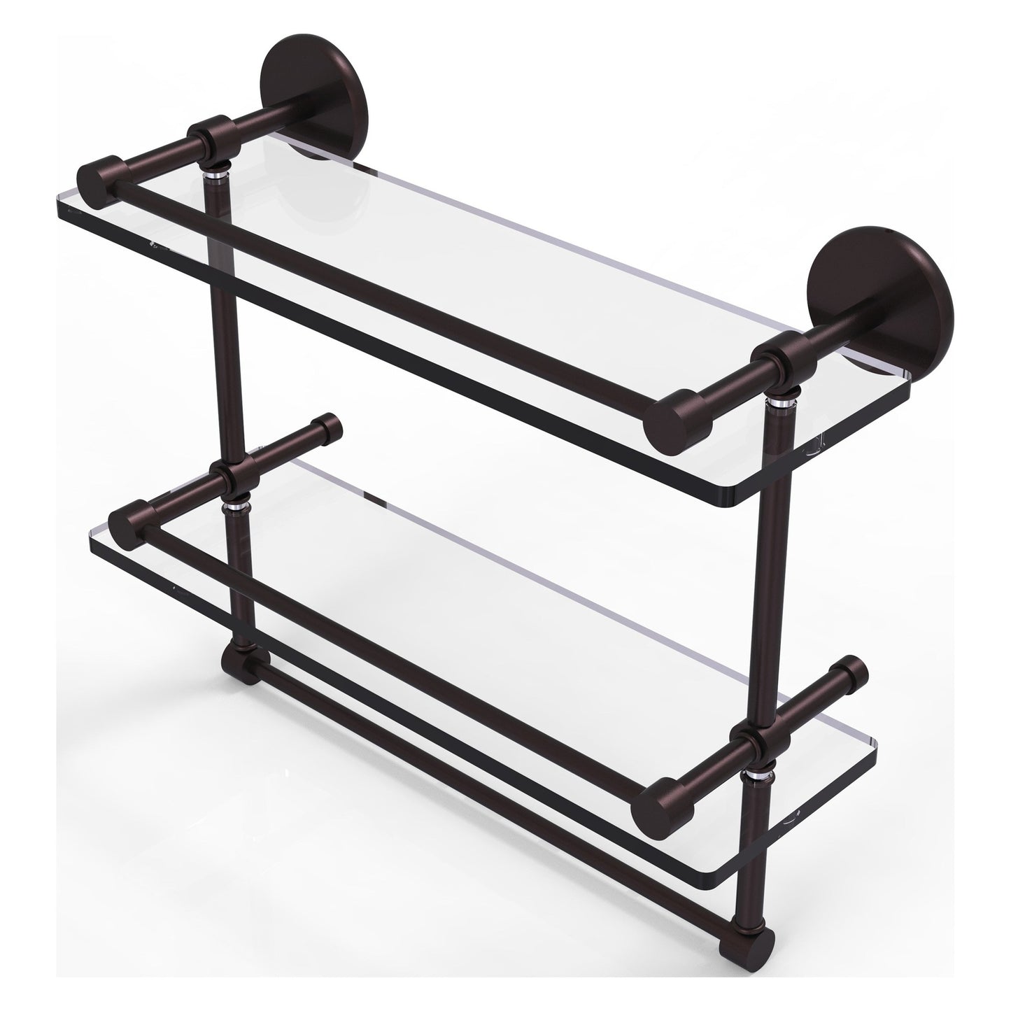 Allied Brass Prestige Skyline 16" x 5" Antique Bronze Solid Brass Double Glass Shelf With Towel Bar