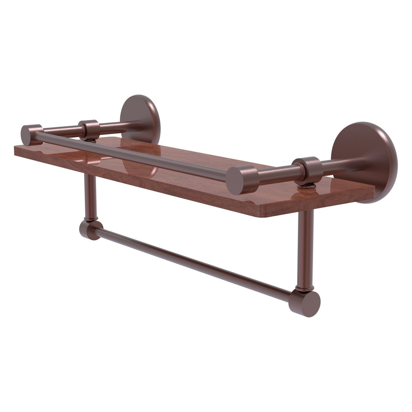Allied Brass Prestige Skyline 16" x 5" Antique Copper Solid Brass IPE Ironwood Shelf With Gallery Rail and Towel Bar